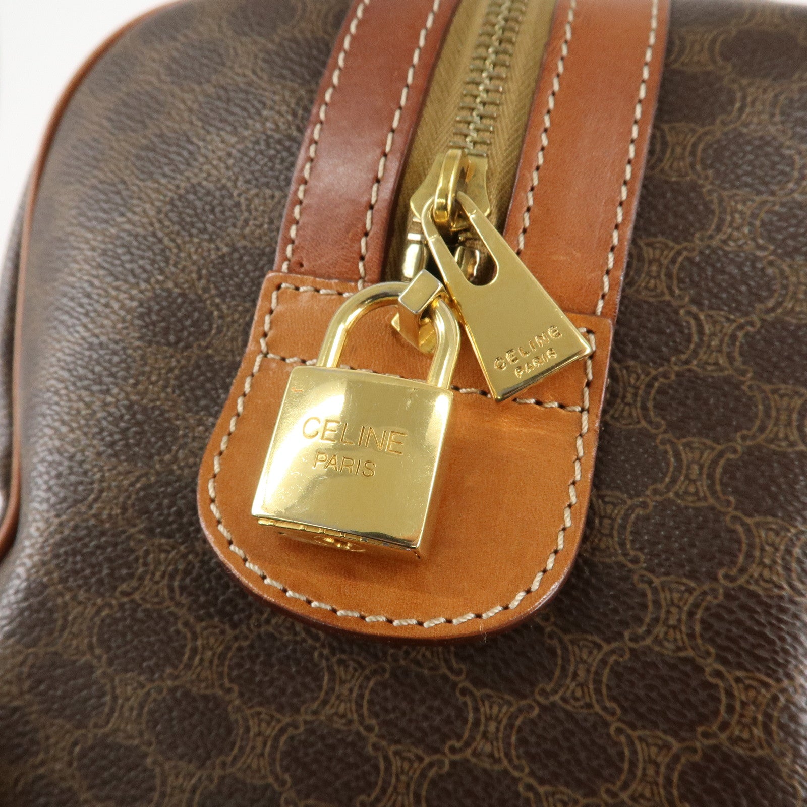 CELINE Macadam PVC Leather Boston Bag Hand Bag Brown Used