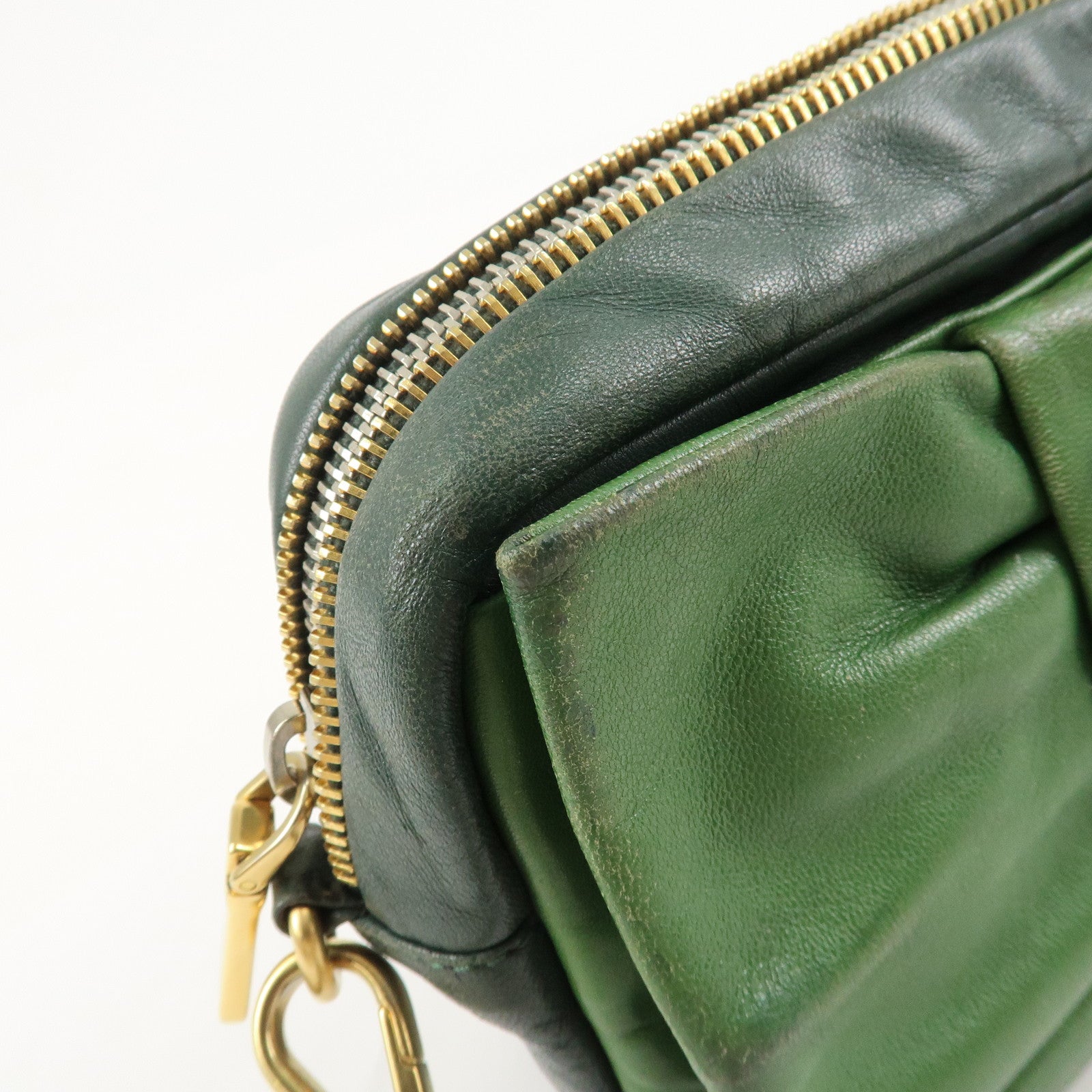 PRADA Logo Leather Ribbon Shoulder Bag Green BP0166 Used