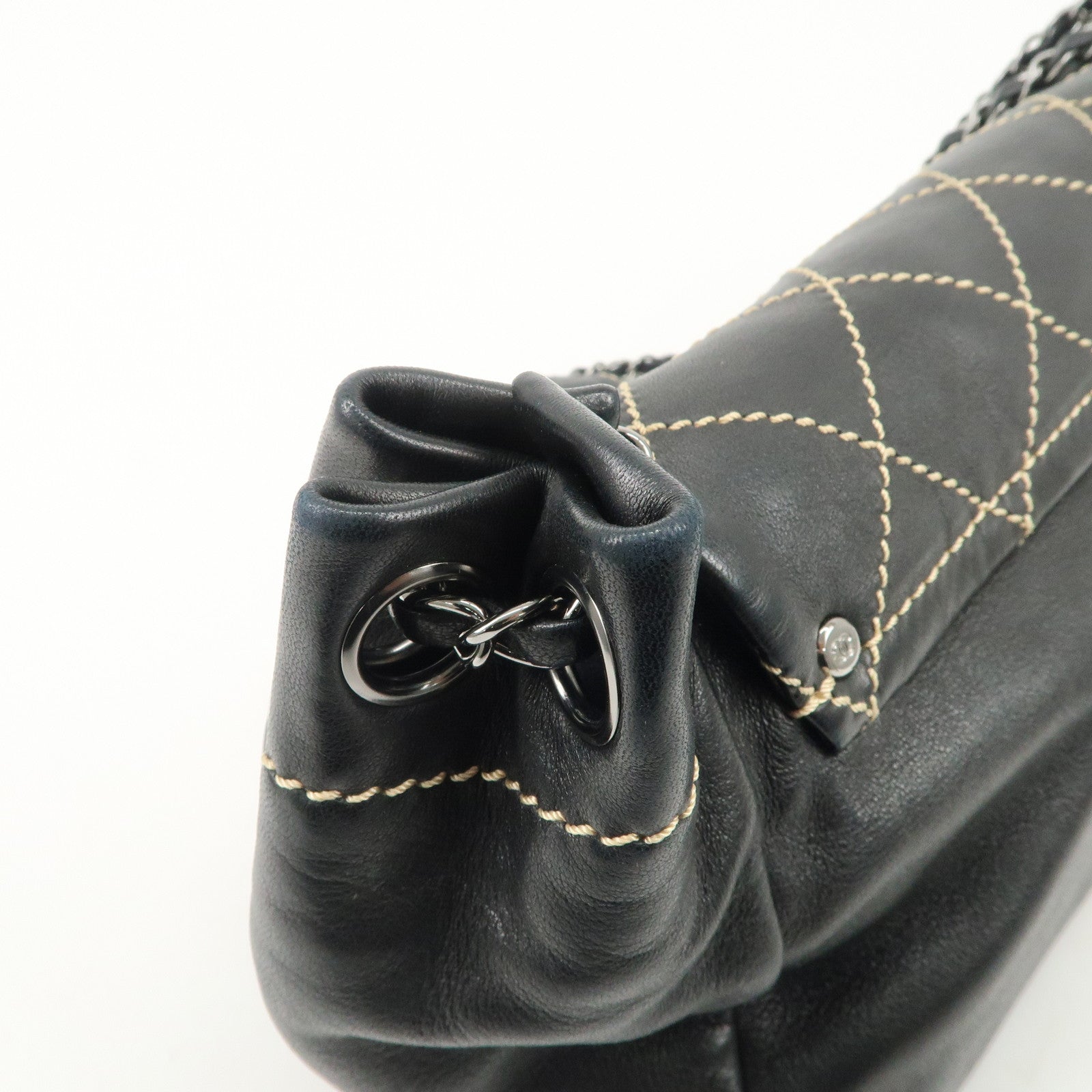 CHANEL COCO Mark Wild Stitch Lamb Skin Chain Shoulder Bag Black Used