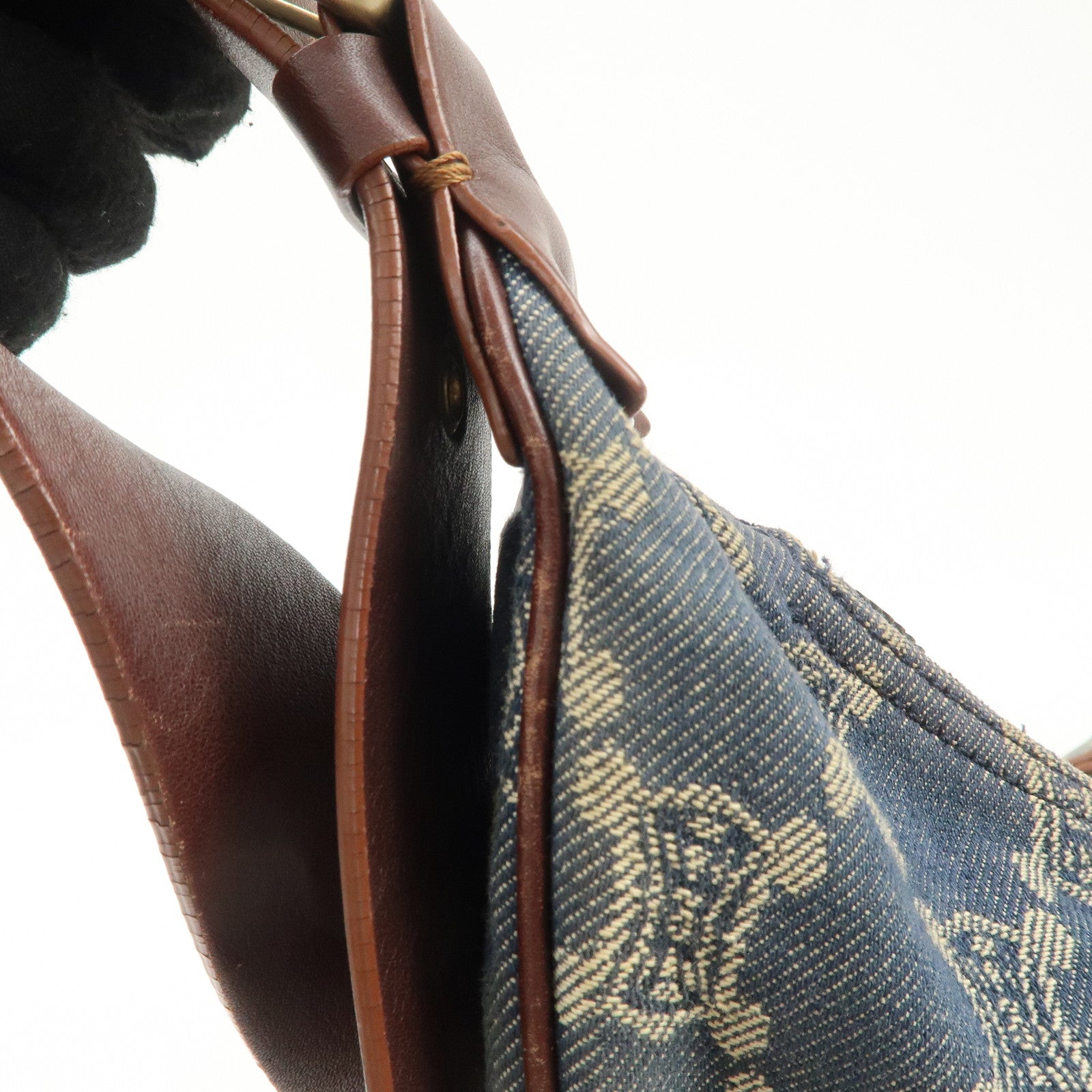 CELINE Macadam Canvas Leather Shoulder Bag Blue Brown Used