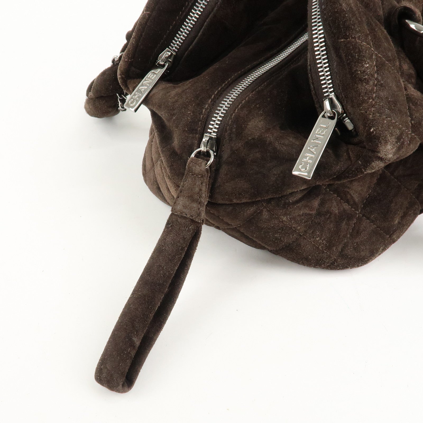 CHANEL Matelasse Suede Boston Bag Brown Silver Hardware Used