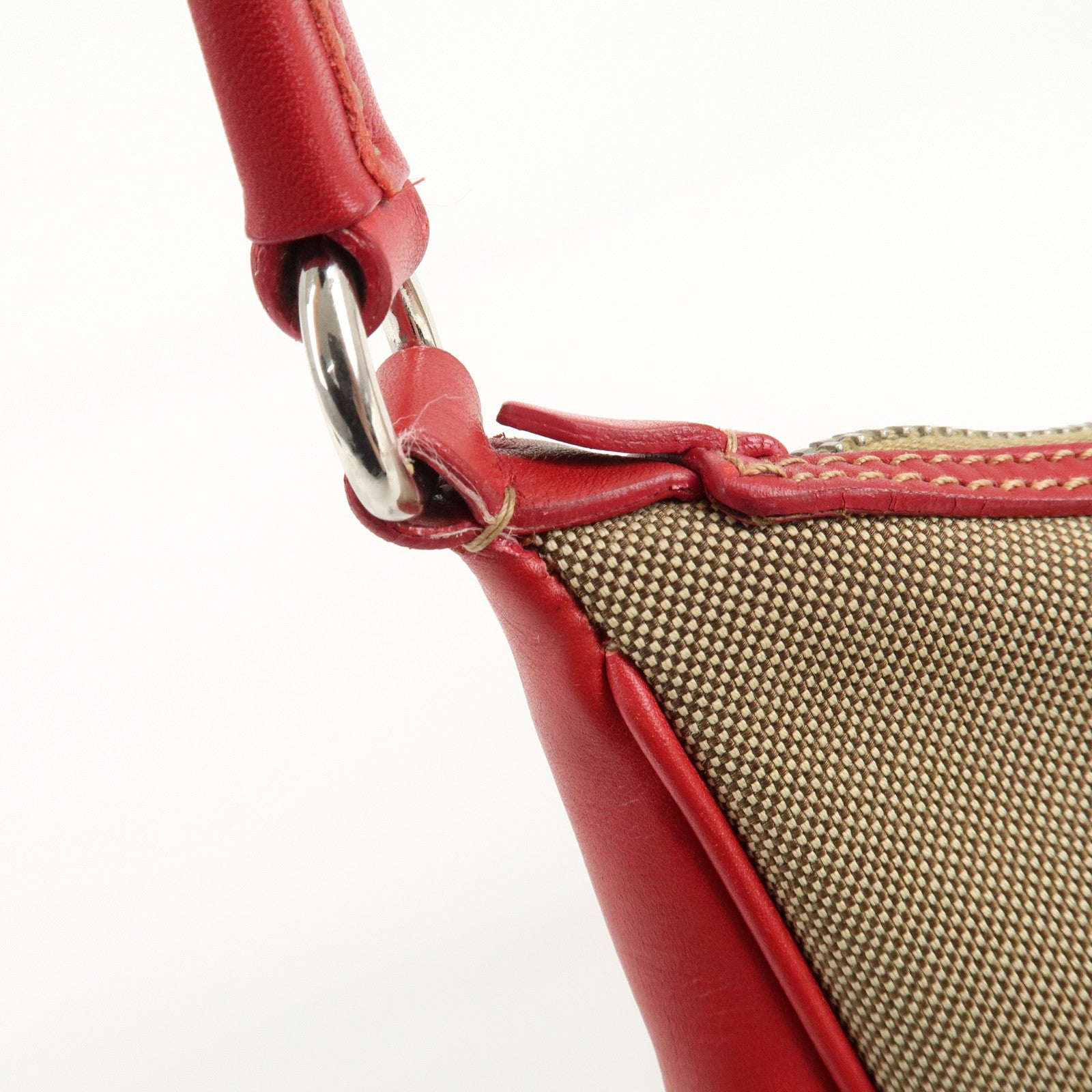 PRADA Logo Jacquard Leather Shoulder Bag Beige Red Used