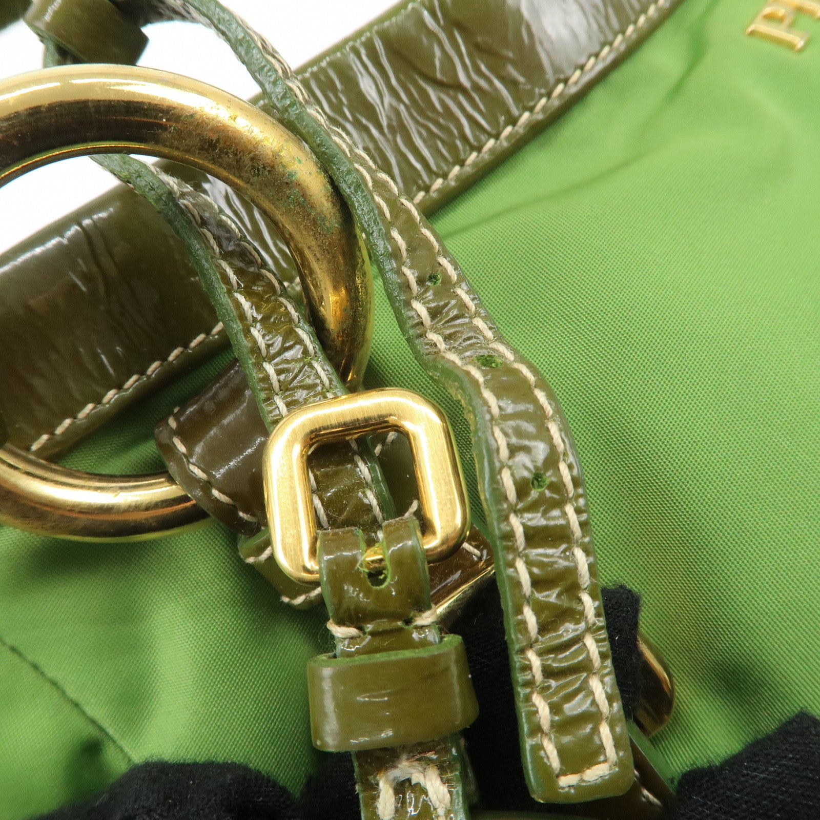PRADA Nylon Patent Leather Tote Bag Shoulder Bag Green Khaki Used