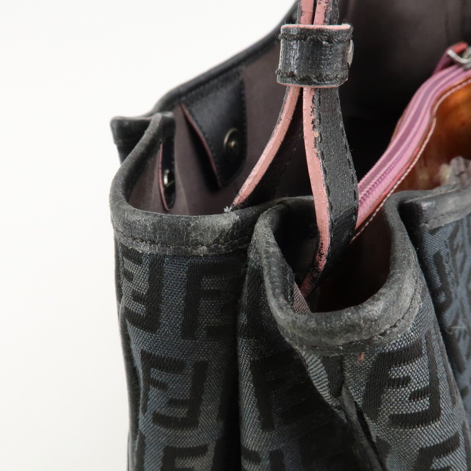 FENDI Zucchino Canvas Leather Tote Bag Black 8BH220 Used