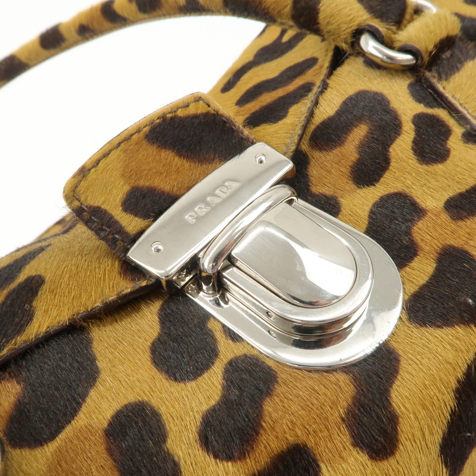 PRADA Logo Unborn Calf Leopard Shoulder Bag Hand Bag Brown Used