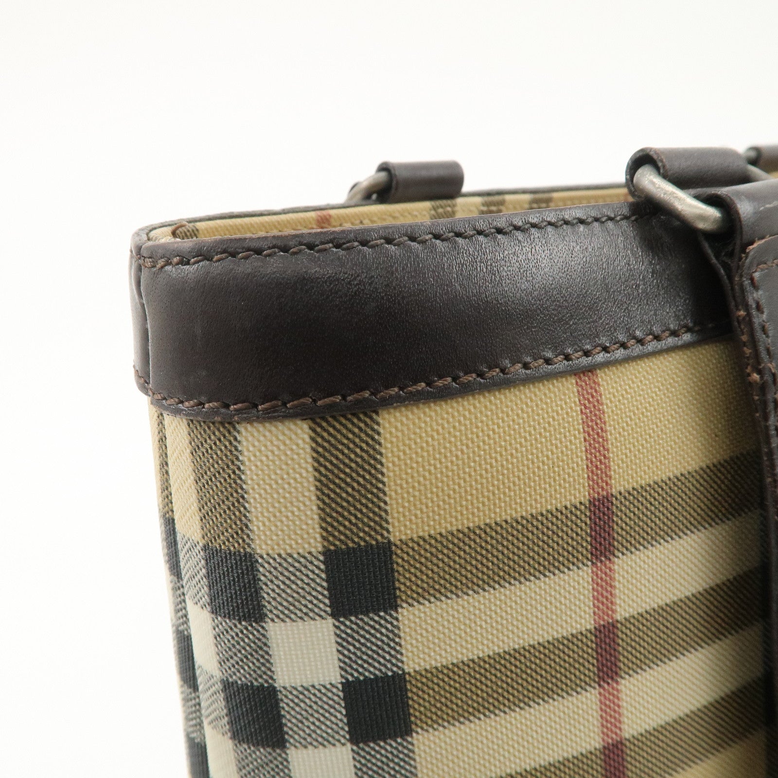BURBERRY Nova Plaid PVC Leather Tote Bag Beige Brown Used