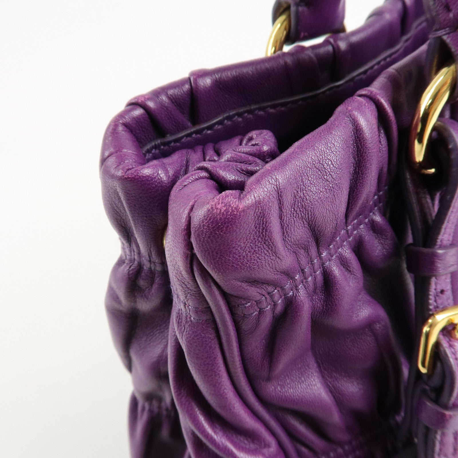 PRADA Leather Gathered Hand Bag Purple Gold Hardware BN2394 Used