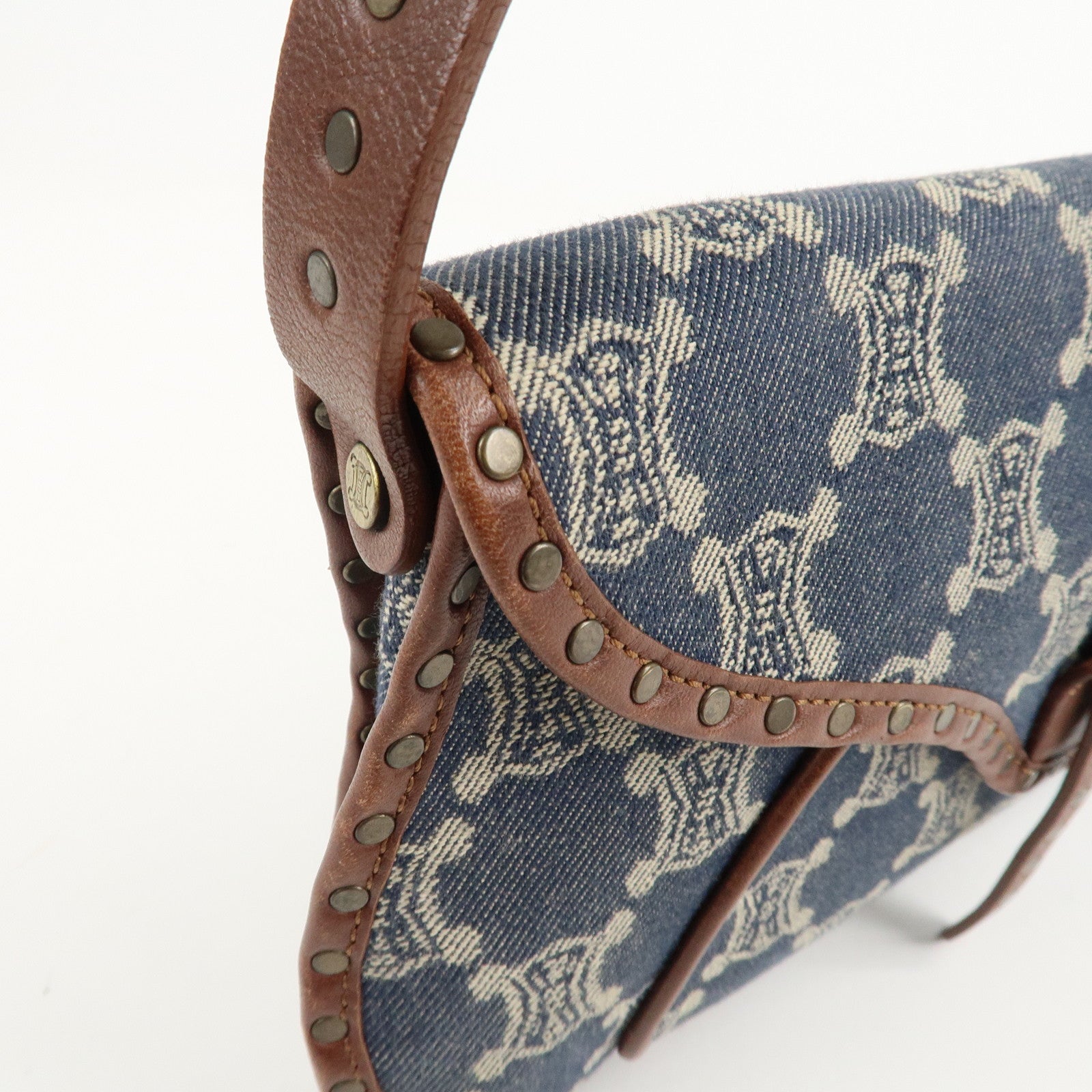 CELINE Macadam Denim Leather Shoulder Bag Blue Brown Used