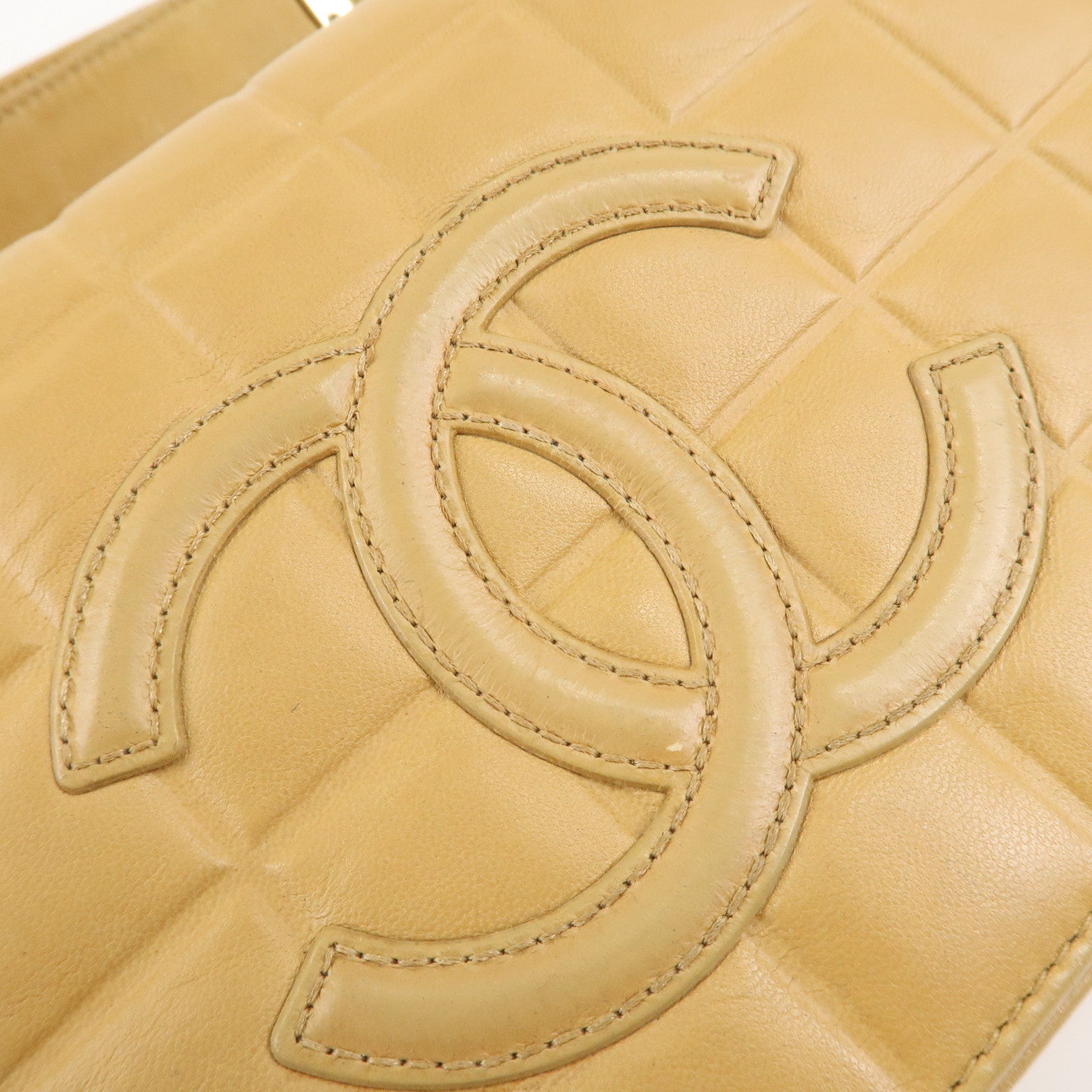 CHANEL COCO Mark Chocolate Bar Lamb Skin Shoulder Bag Beige Used