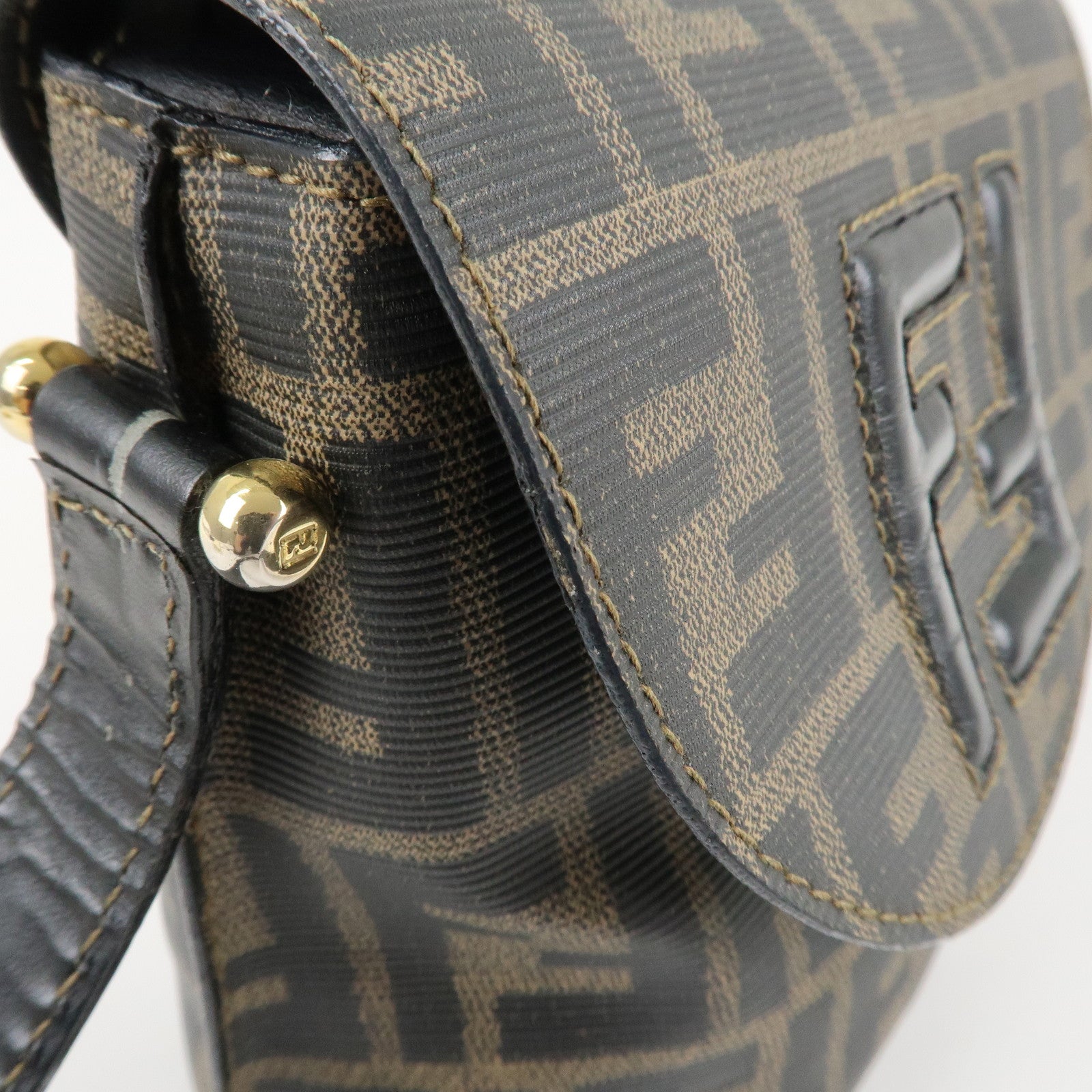 FENDI Zucca Logo Print PVC Leather Shoulder Bag Black Brown Used