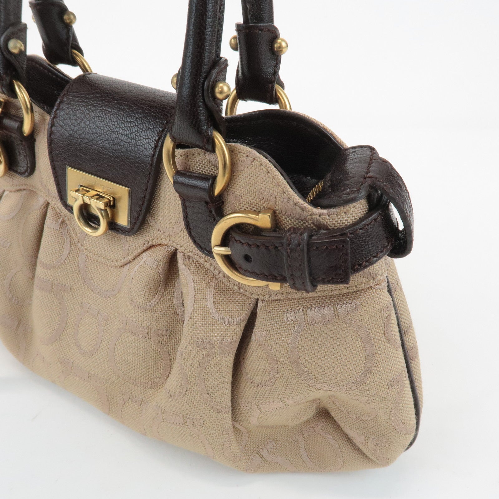 Ferragamo Gancini Canvas Leather 2Way Bag Beige Dark Brown Used