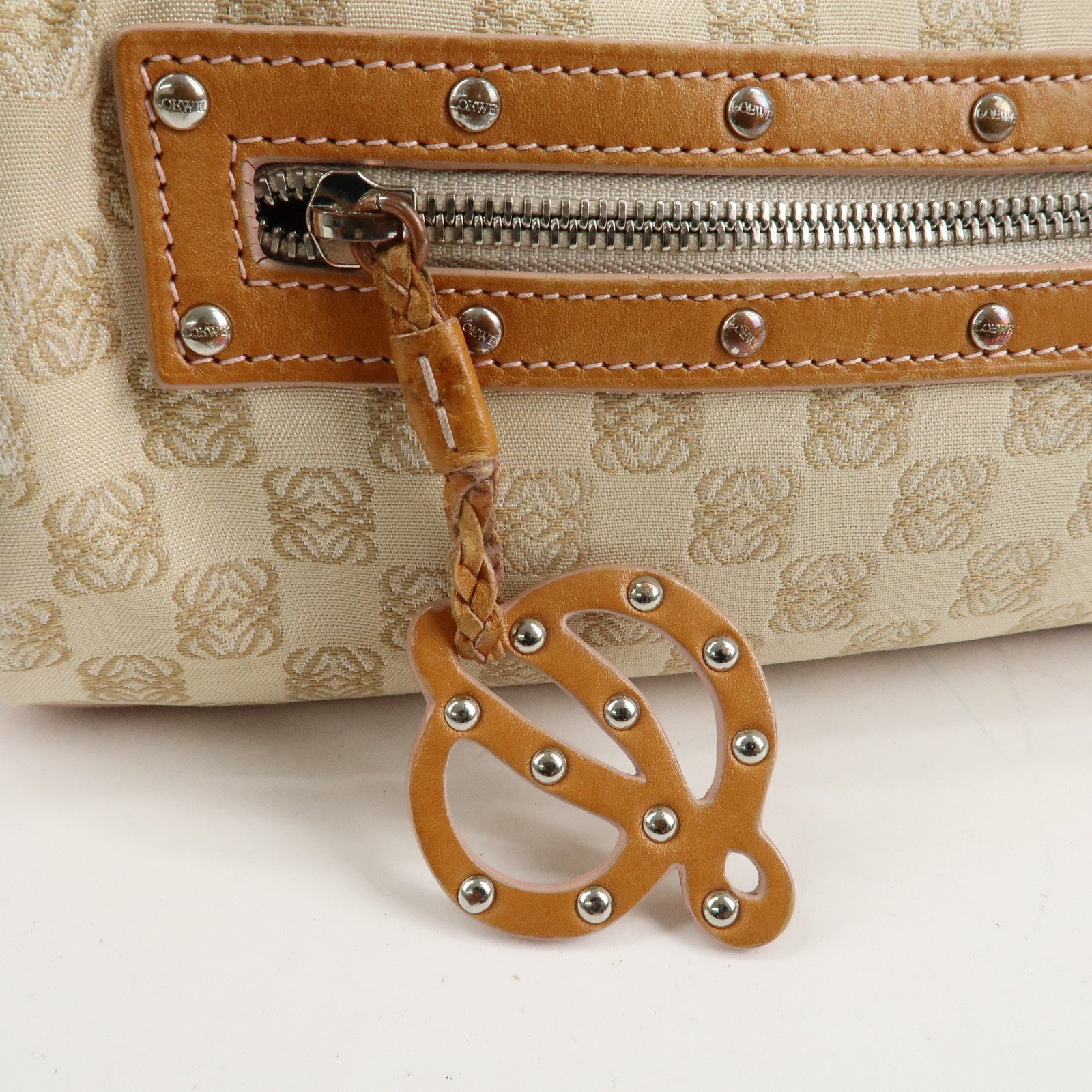LOEWE Anagram Canvas Leather Shoulder Bag Boston Bag Beige Brown Used