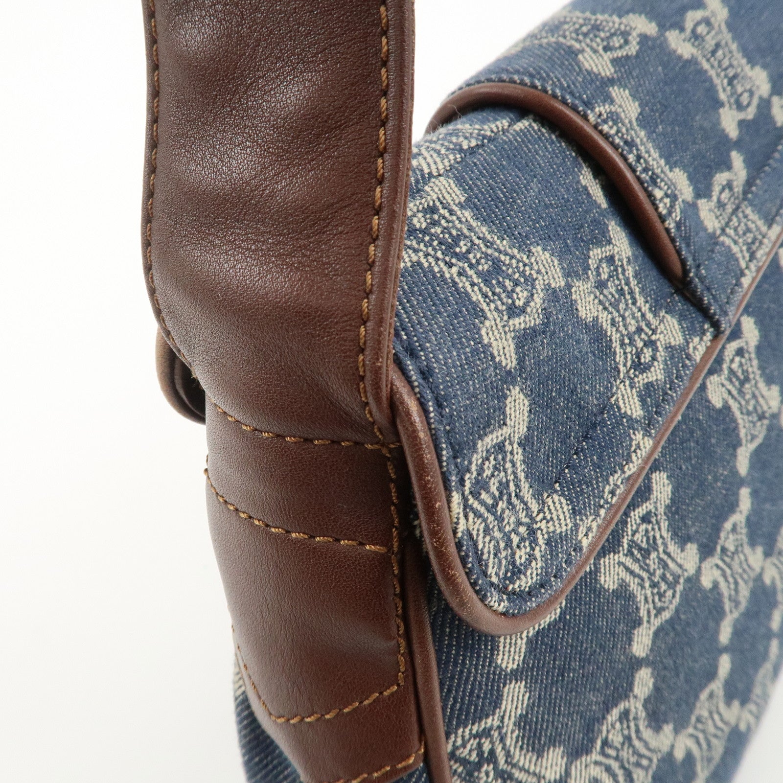 CELINE Macadam Denim Leather Shoulder Bag Blue Brown Used