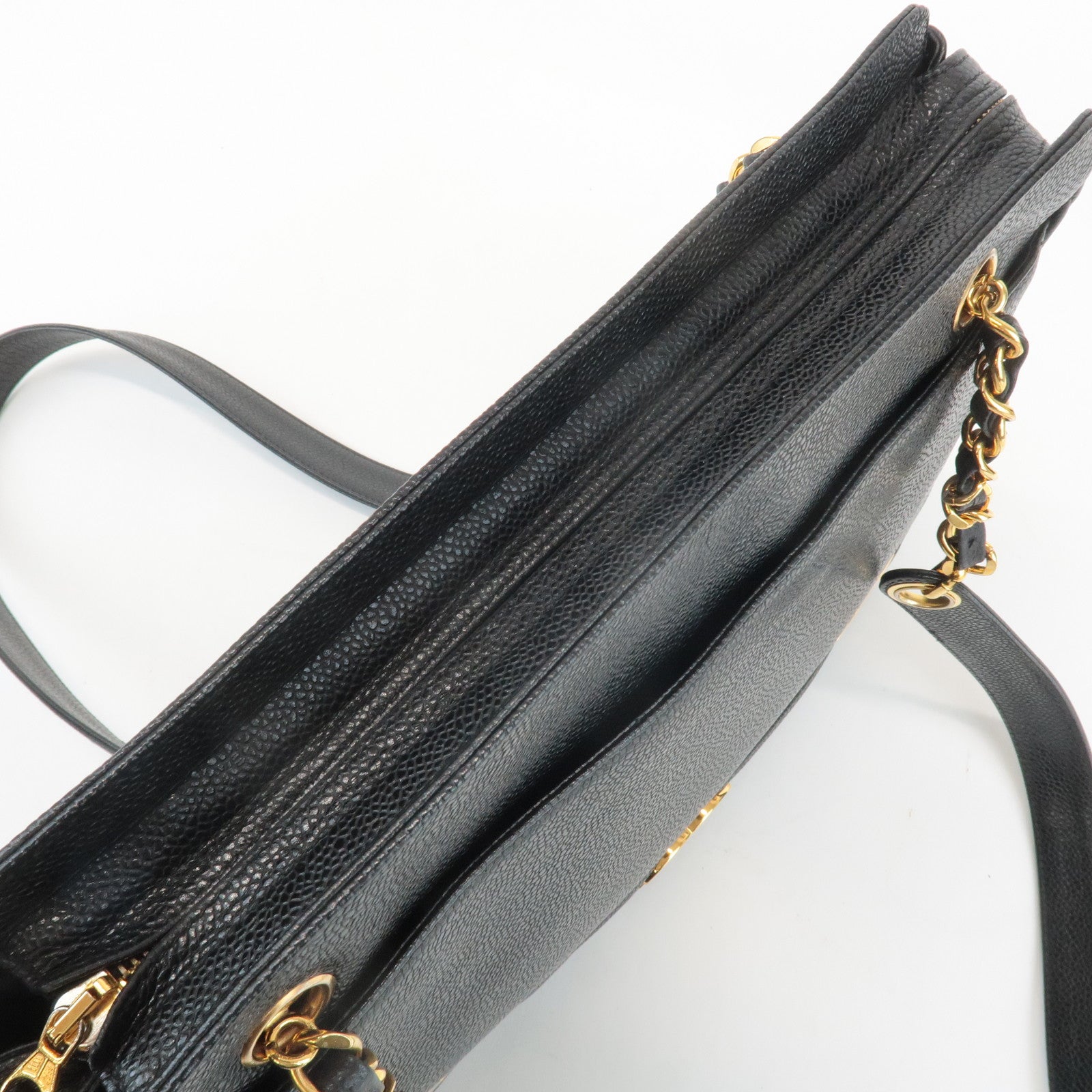 CHANEL Triple COCO Caviar Skin Tote Bag Black Gold Used