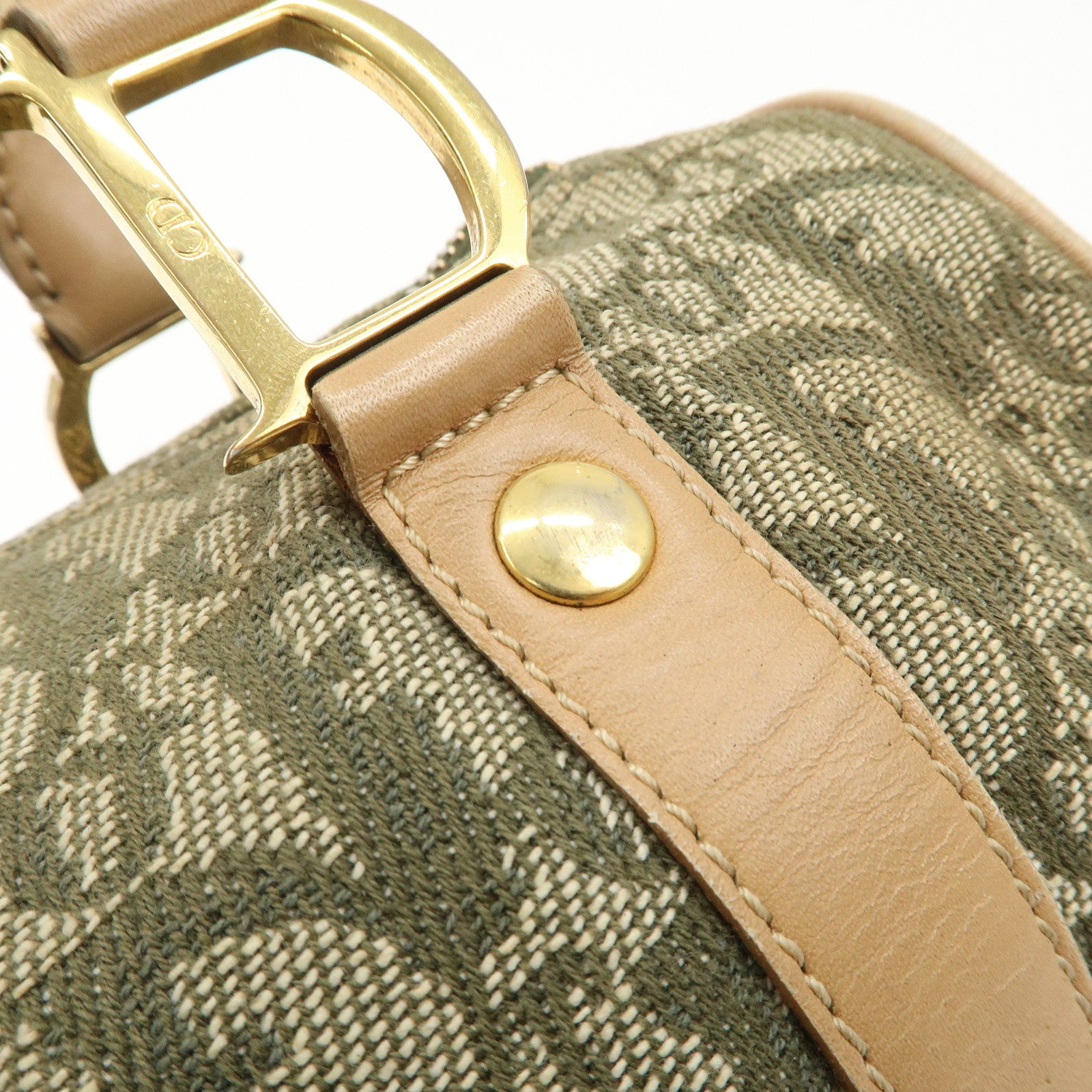 Christian Dior Trotter Canvas Leather Boston Bag White Khaki Used