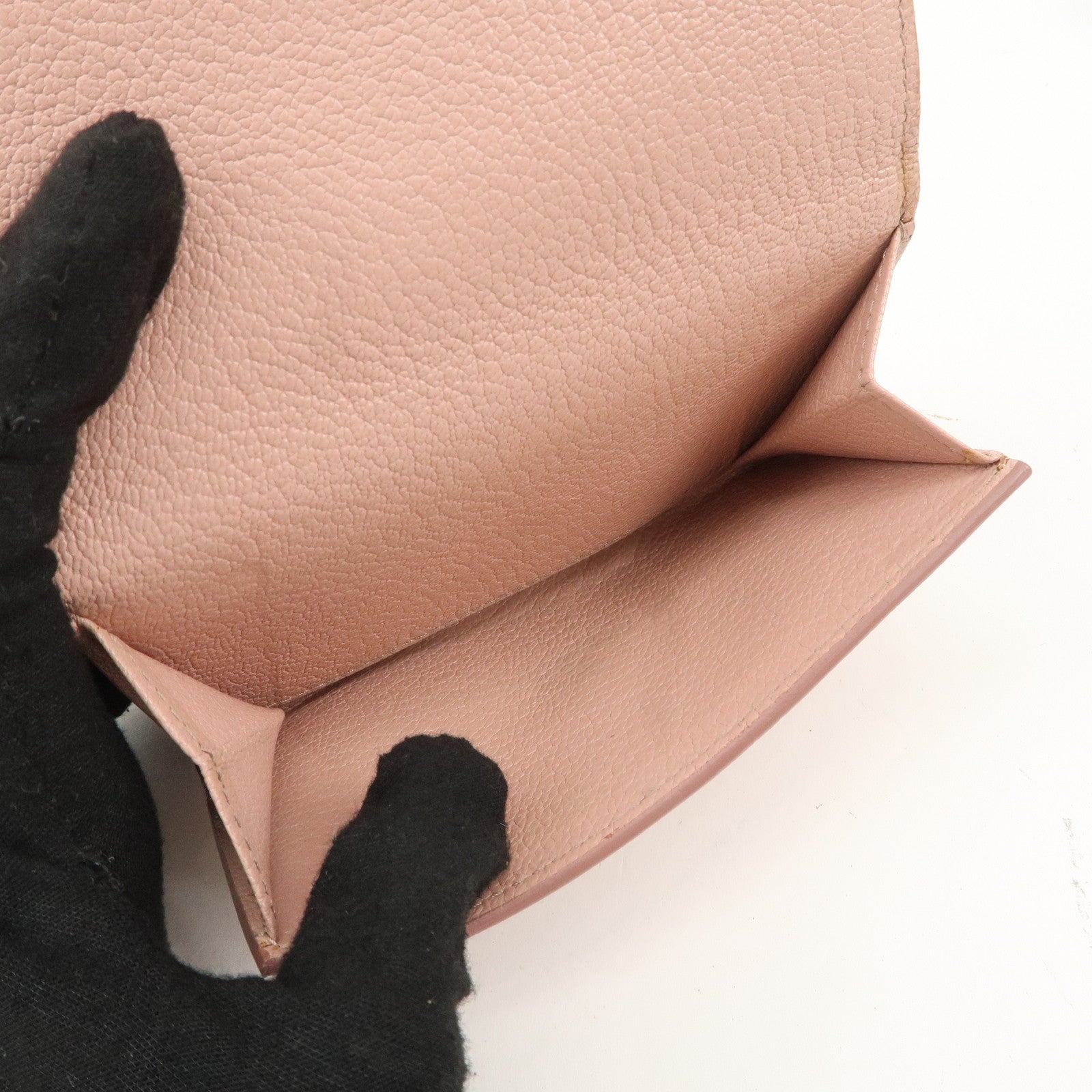 MIU MIU Leather Double Hook Bi-fold Wallet Pink Gold Hardware Used