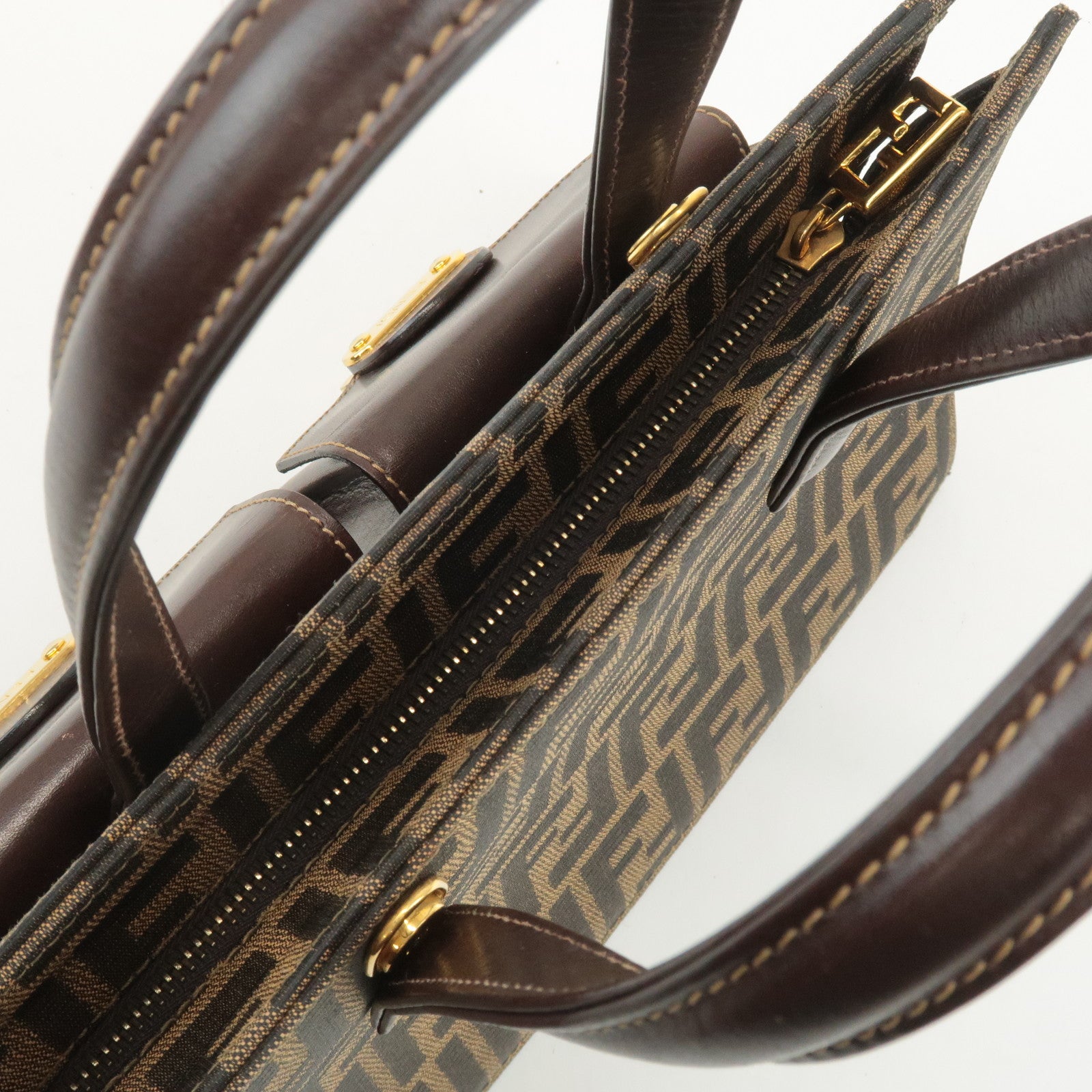 FENDI Zucca Canvas Leather Boston Bag Hand Bag Brown Black Used