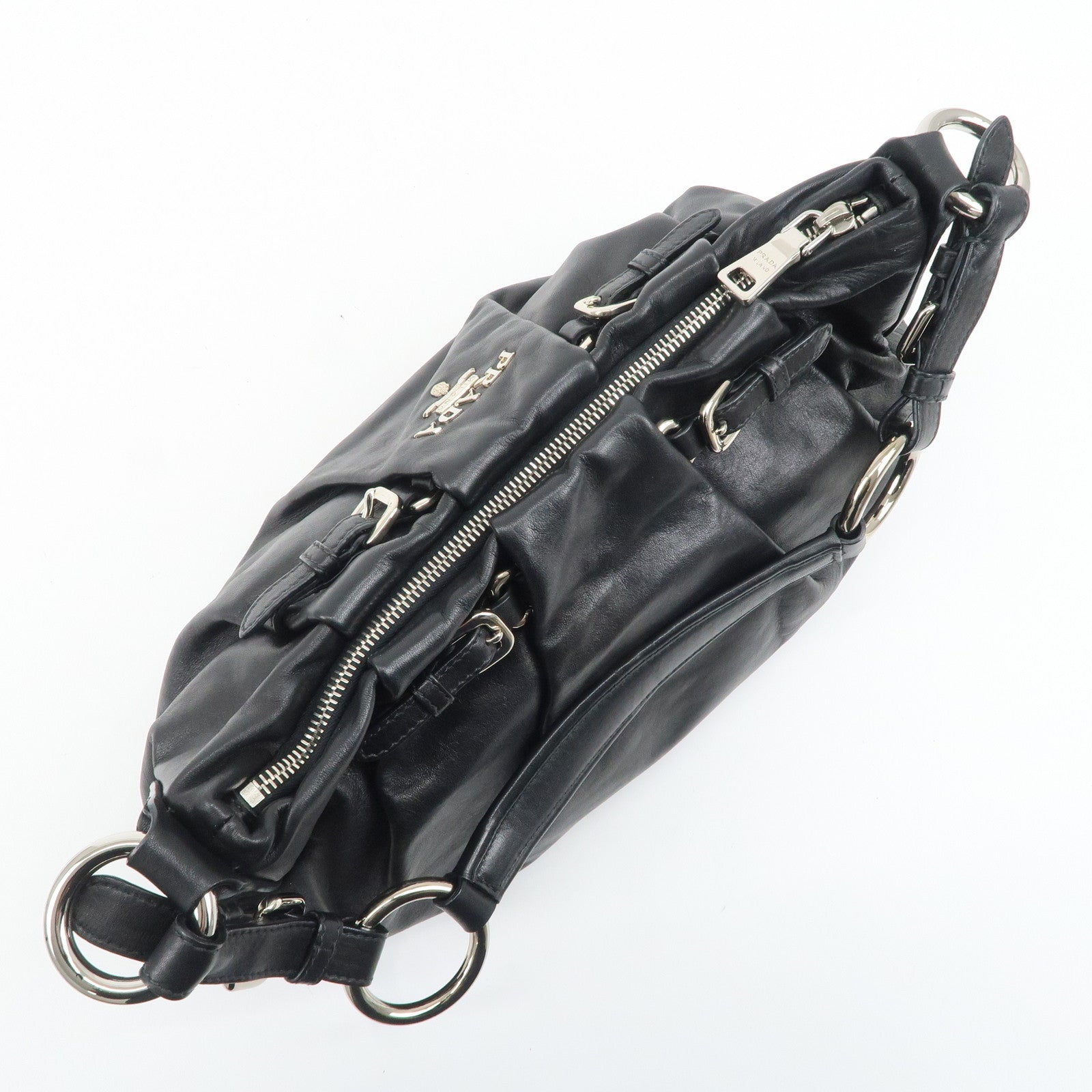 PRADA Soft Calf Leather Shoulder Bag Black BR3795 Used