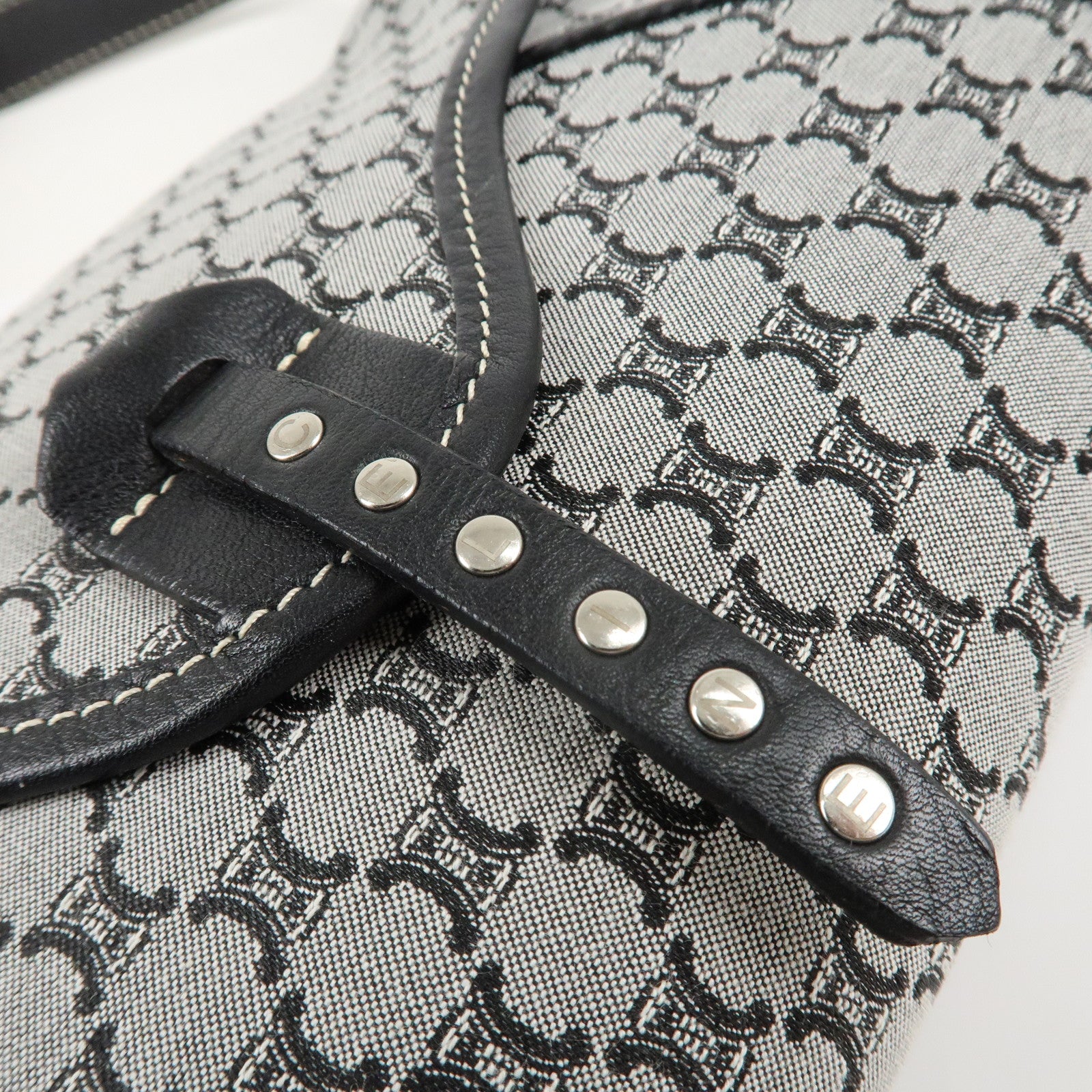 CELINE Macadam Canvas Leather Shoulder Bag Gray Black Used
