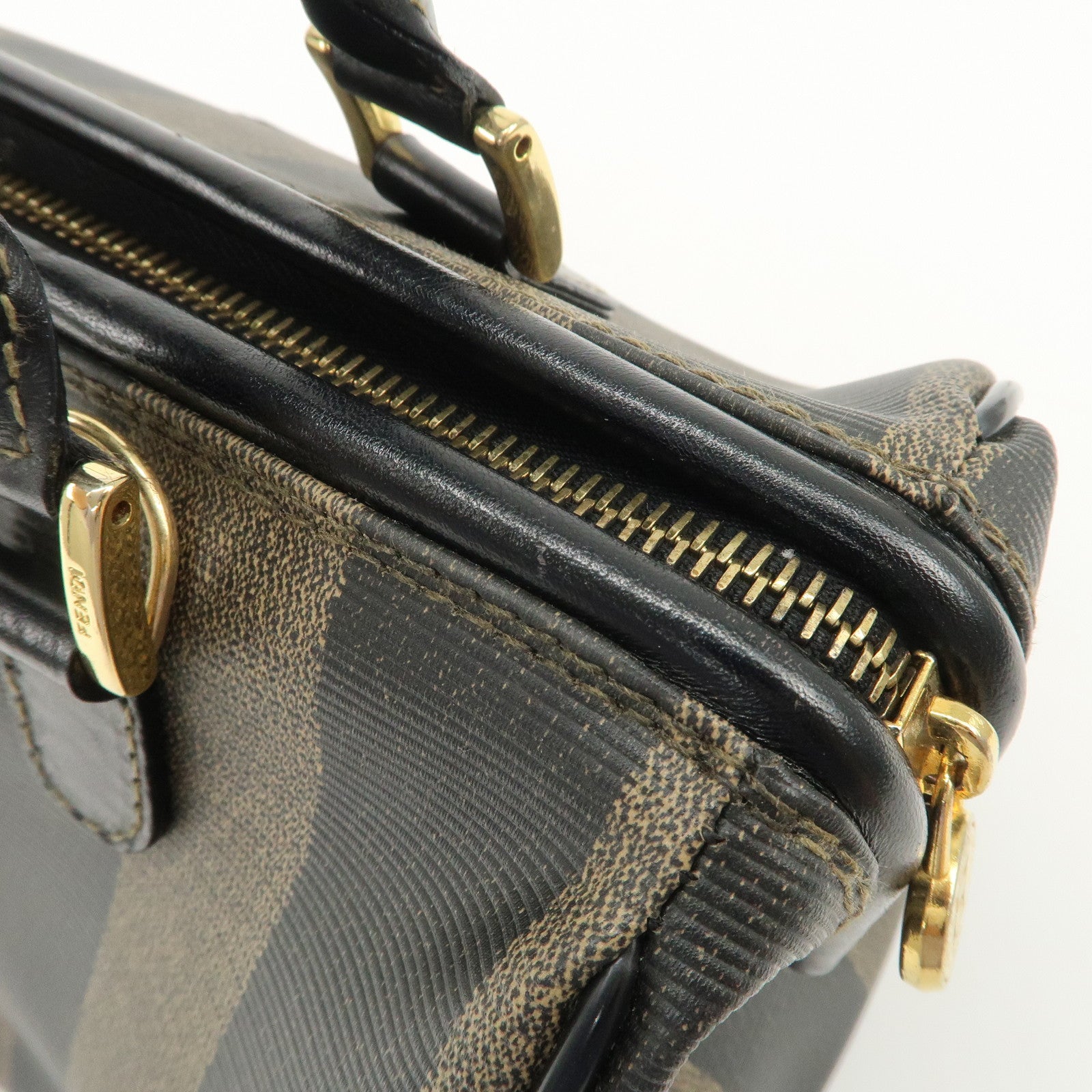 FENDI Pequin PVC Leather Boston Bag Black Brown 259022 Used