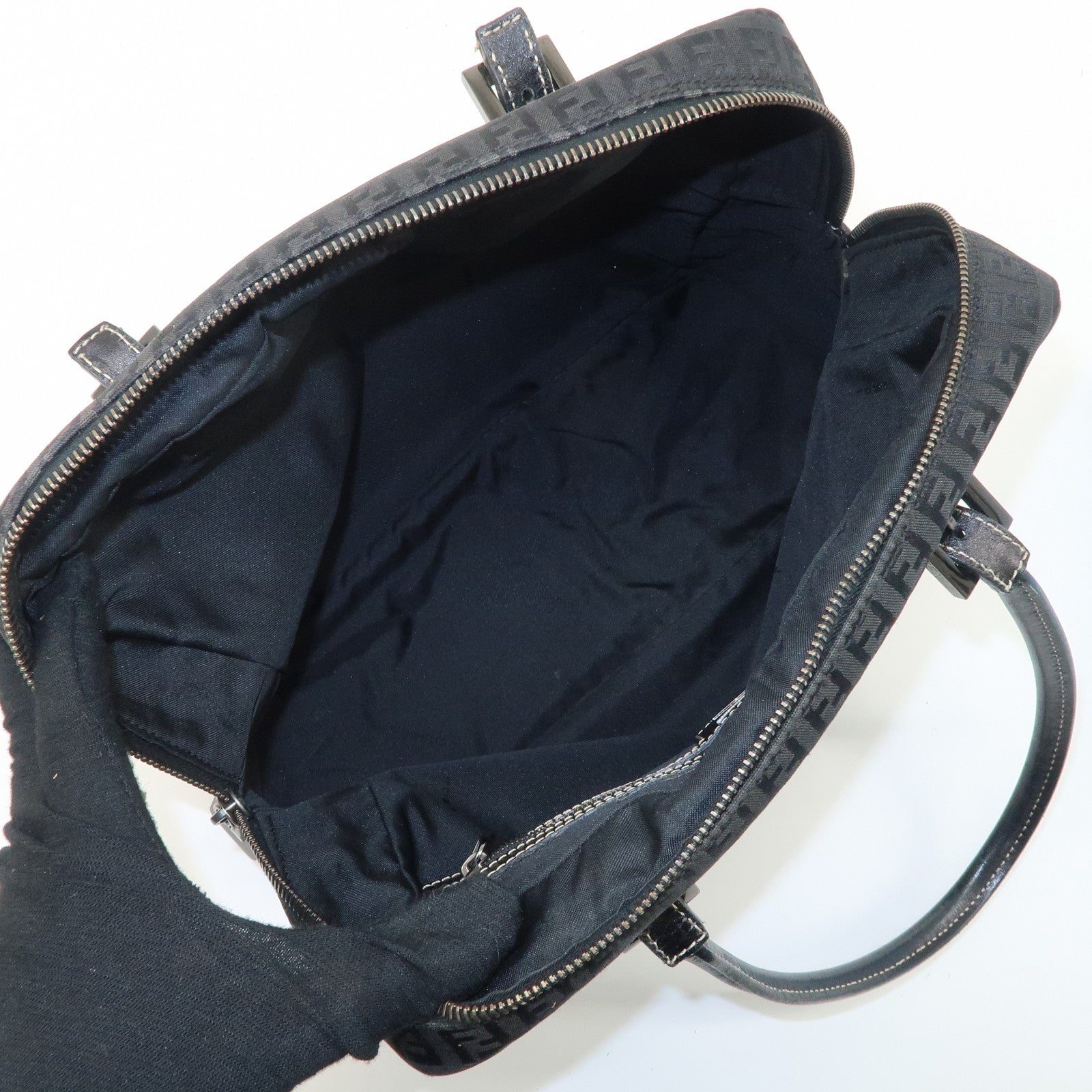 FENDI Zucchino Canvas Leather Mini Boston Bag Black 8BN005 Used