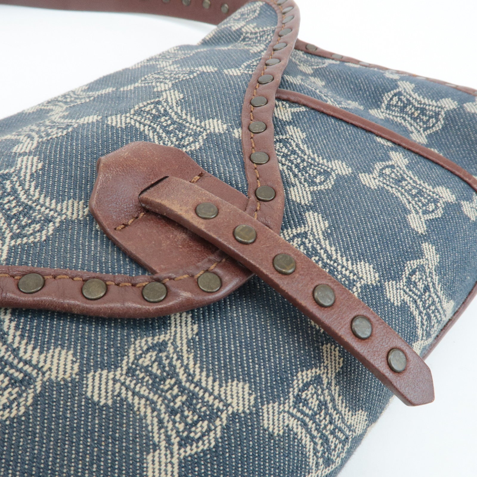 CELINE Macadam Denim Leather Shoulder Bag Blue Brown Used