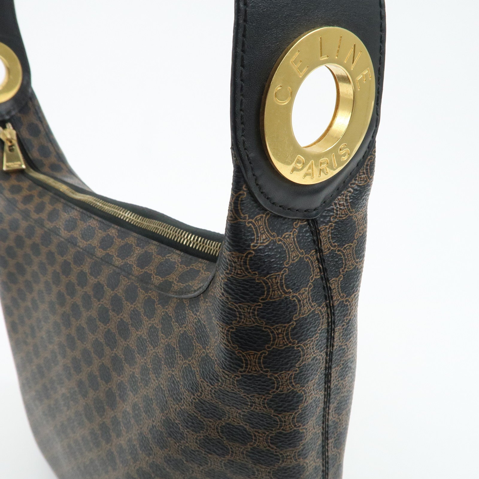 CELINE Macadam PVC Leather Shoulder Bag Black Brown Gold HDW Used