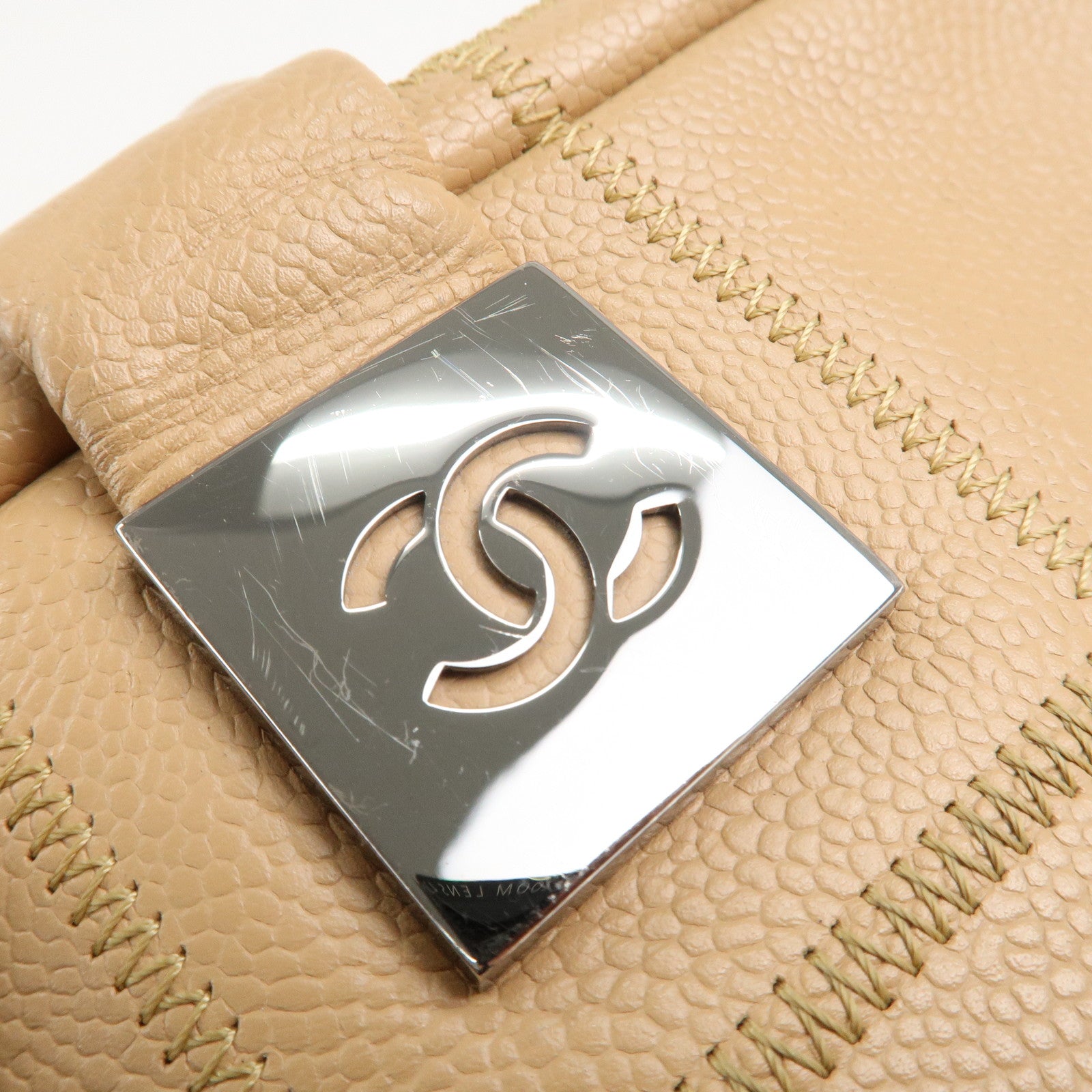 CHANEL Chocolate Bar Caviar Skin Boston Bag Beige A24184 Used