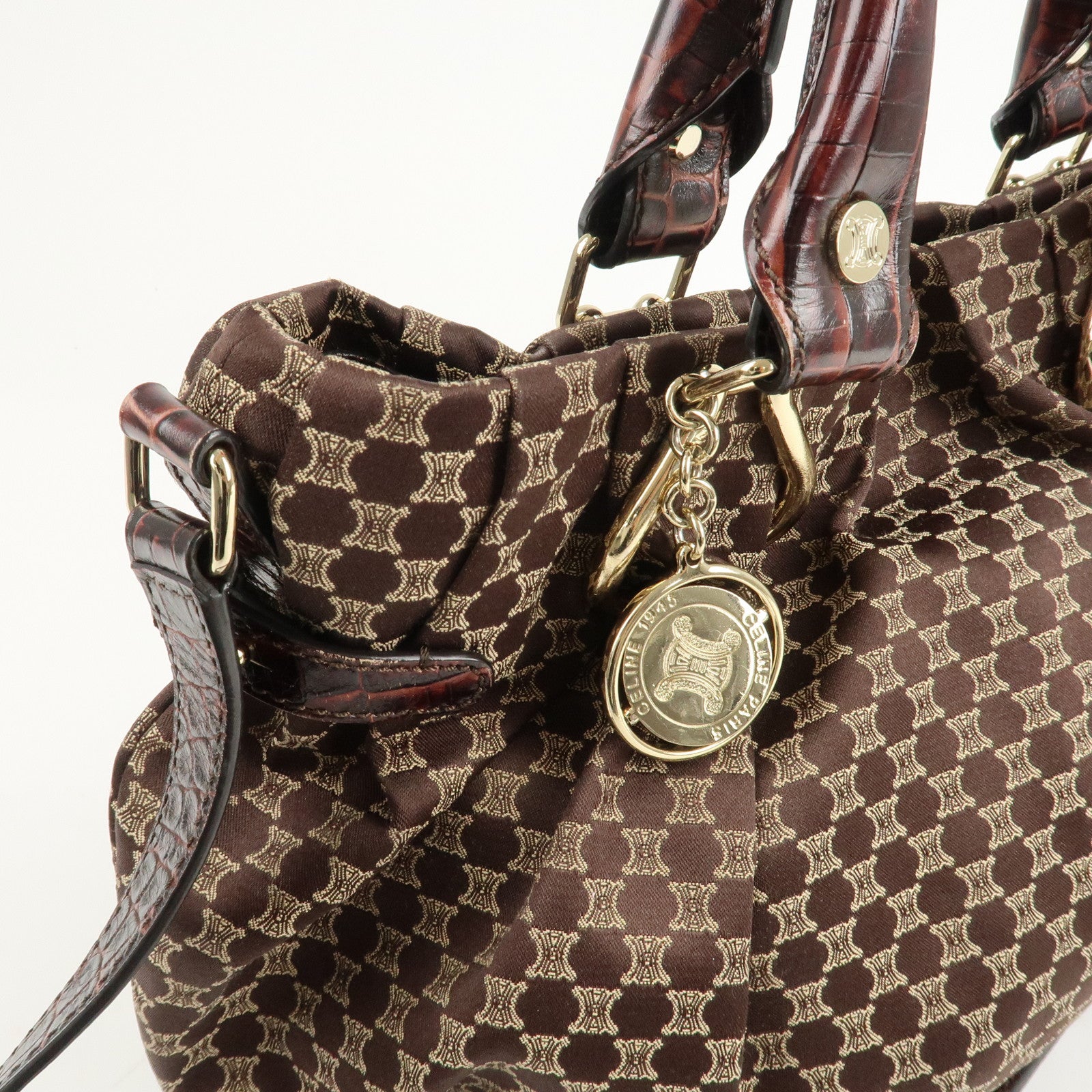 CELINE Macadam Canvas Leather 2Way Shoulder Bag Brown Used