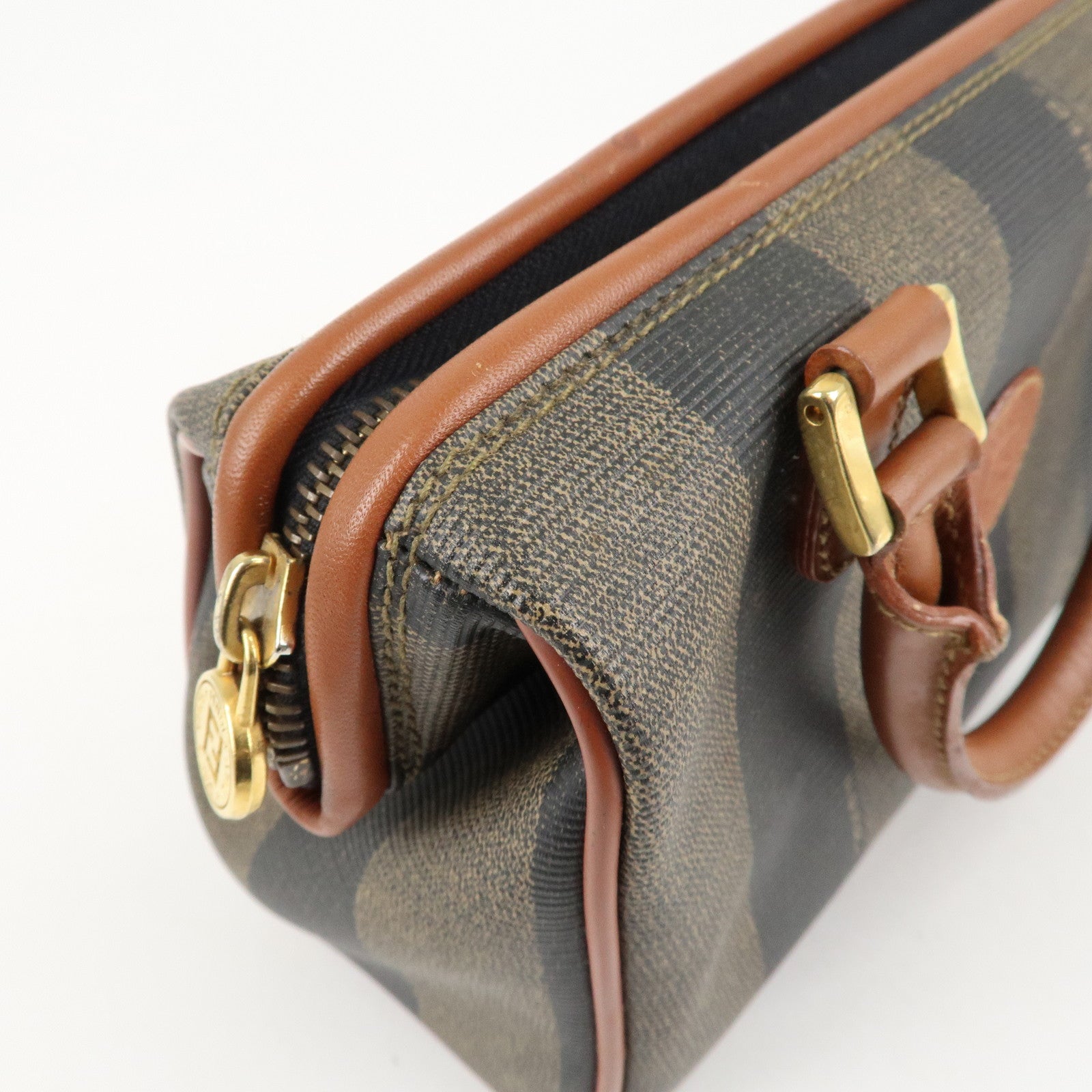 FENDI Pequin PVC Leather Mini Boston Bag Khaki Brown Black Used