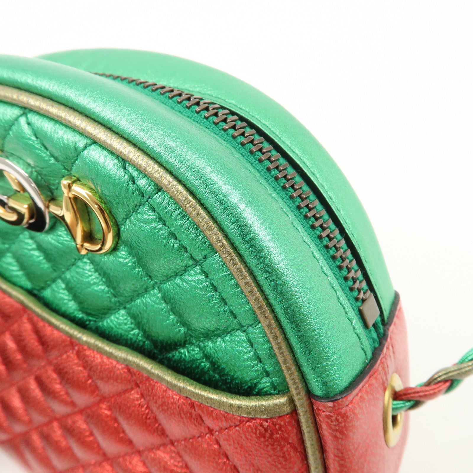 GUCCI Laminate Quilting Leather Shoulder Bag Green Red Gold 534951 Used
