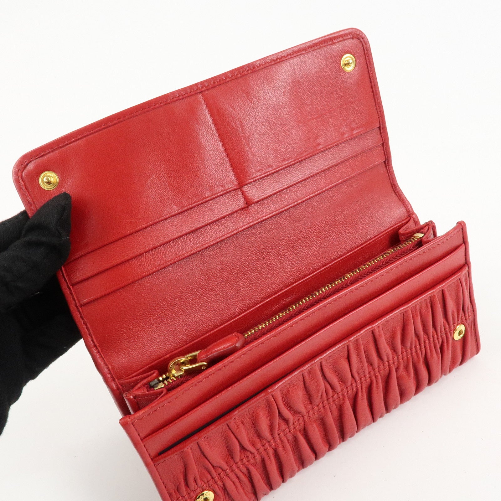 PRADA Logo Leather Bi-Fold Long Wallet Red Gold Hardware Used