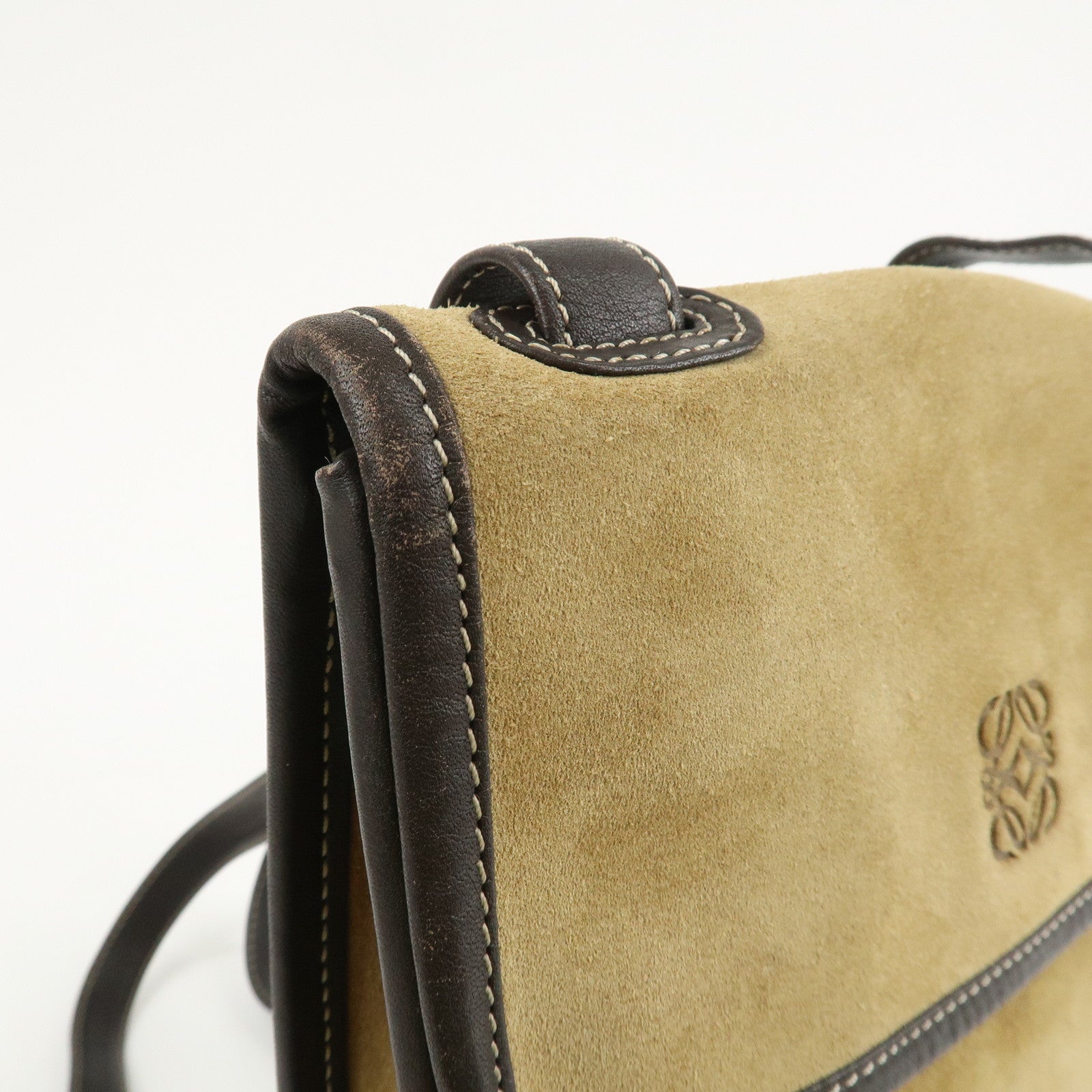 LOEWE Anagram Suede Leather Back Pack Ruck Sack Beige Dark Brown Used
