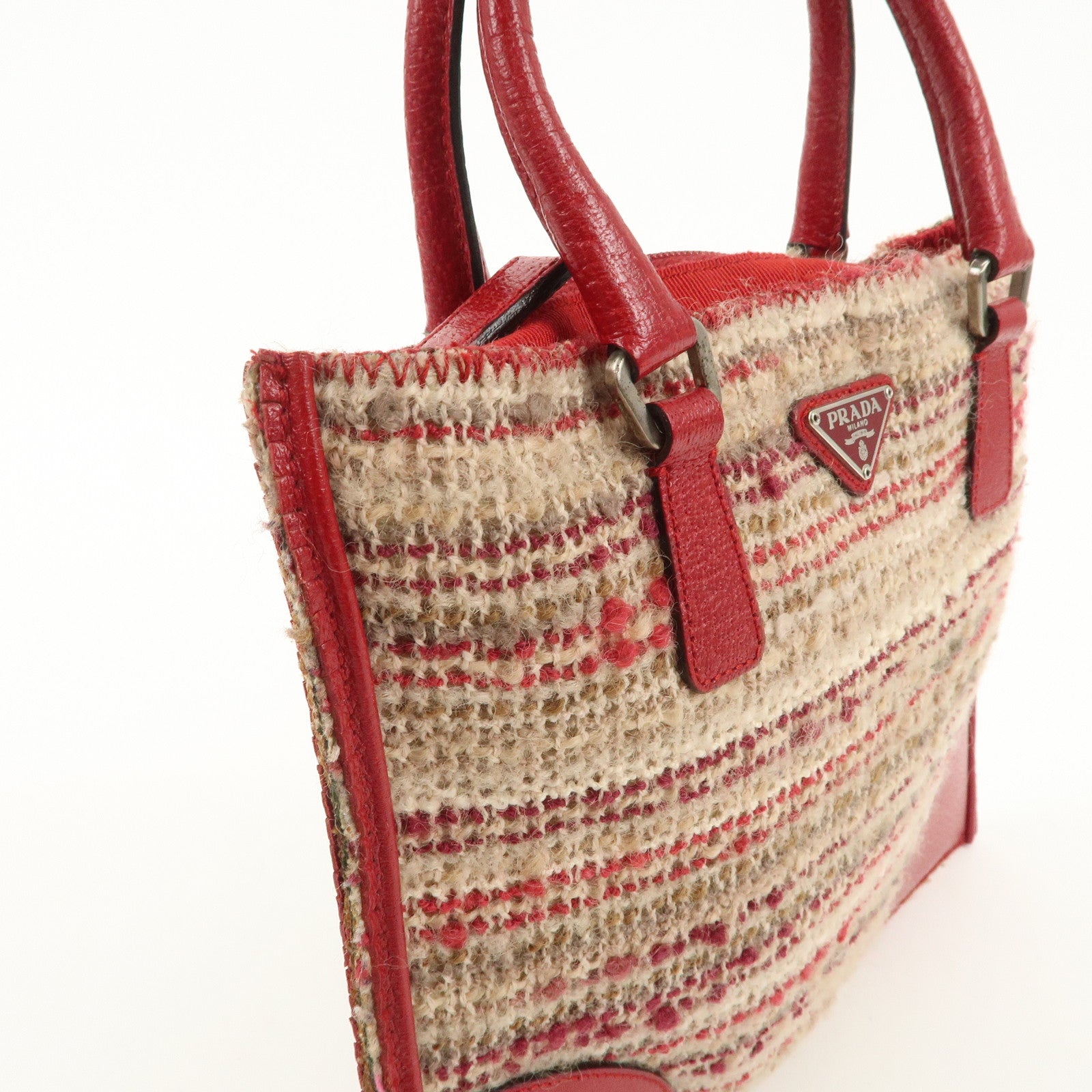 PRADA Logo Tweed Leather Hand Bag Beige Red Used