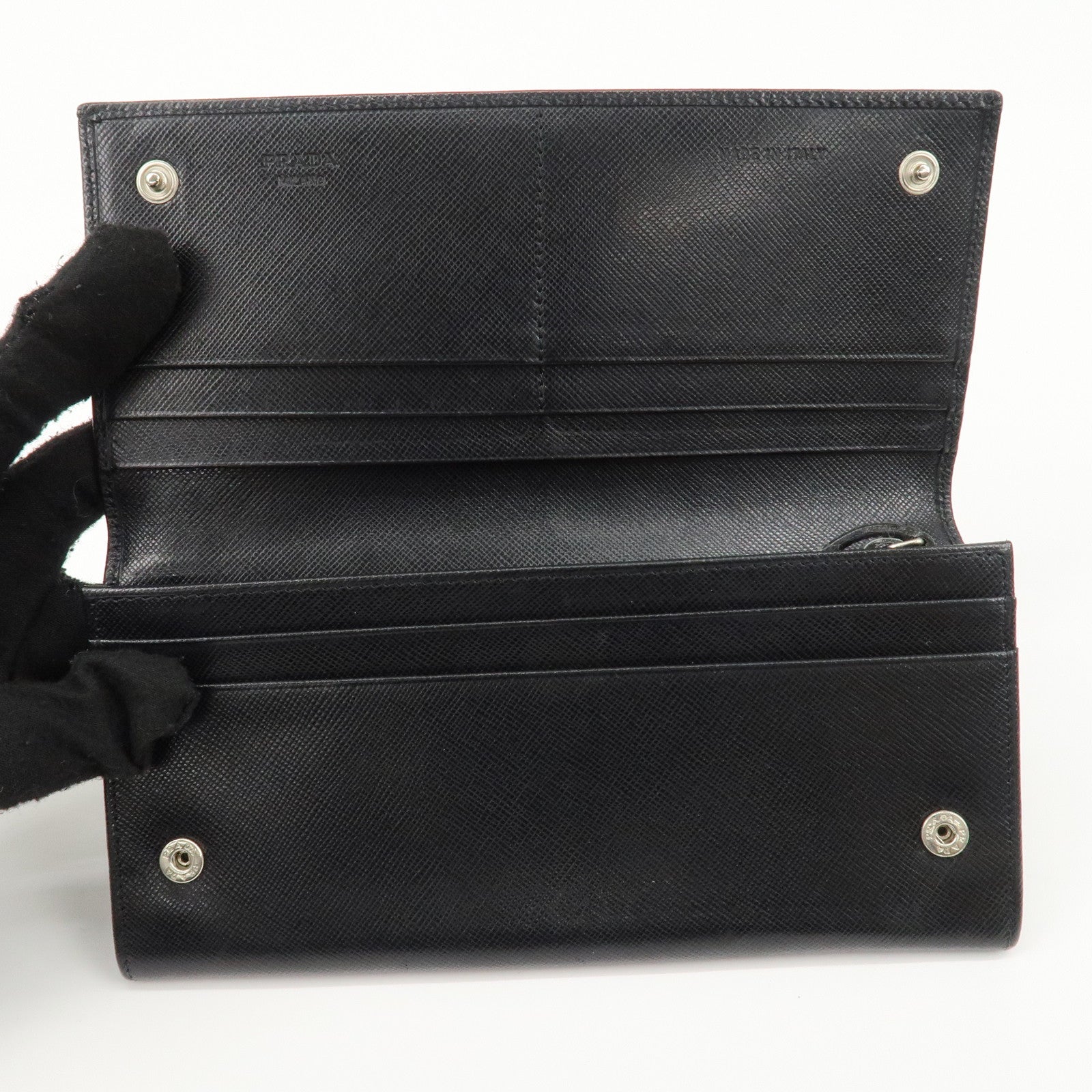 PRADA Leather Bi-fold Long Wallet Black Silver Hardware Used