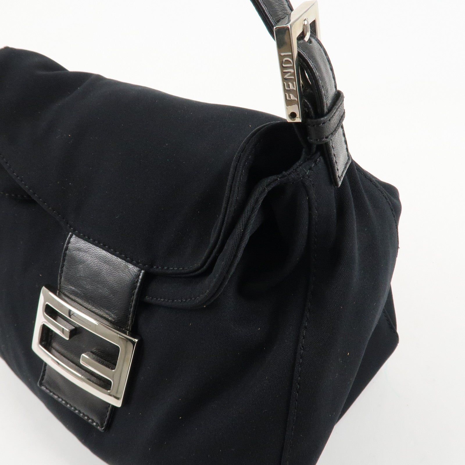 FENDI Mamma Baguette Nylon Jersey Leather Shoulder Bag Black Used