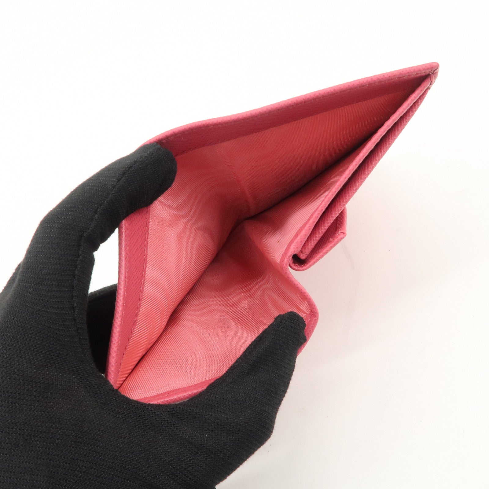 PRADA Logo Saffiano Leather Bi-Fold Wallet Pink 1MV204 Used