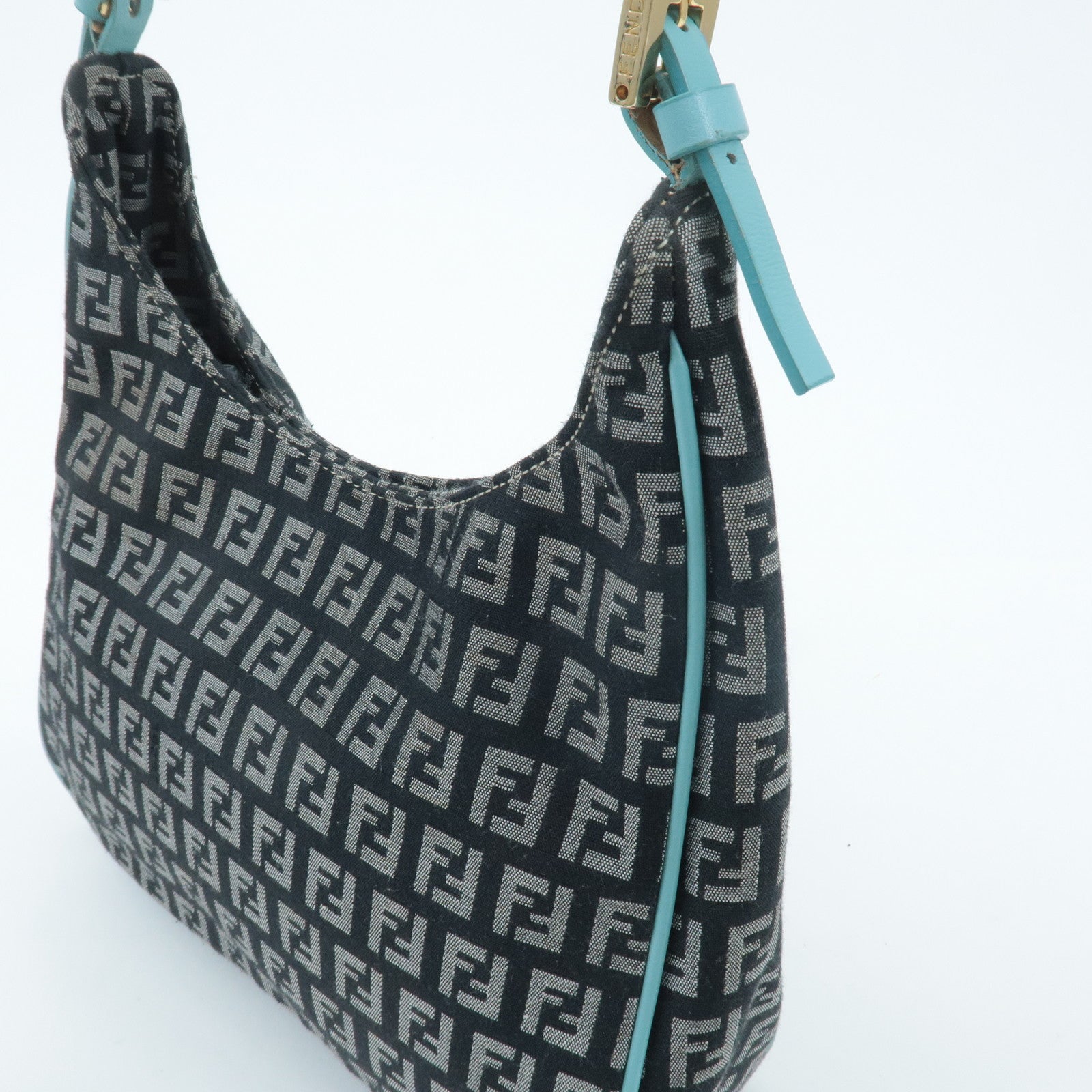 FENDI Zucchino Canvas Leather Shoulder Bag Black White Blue 8BR158 Used