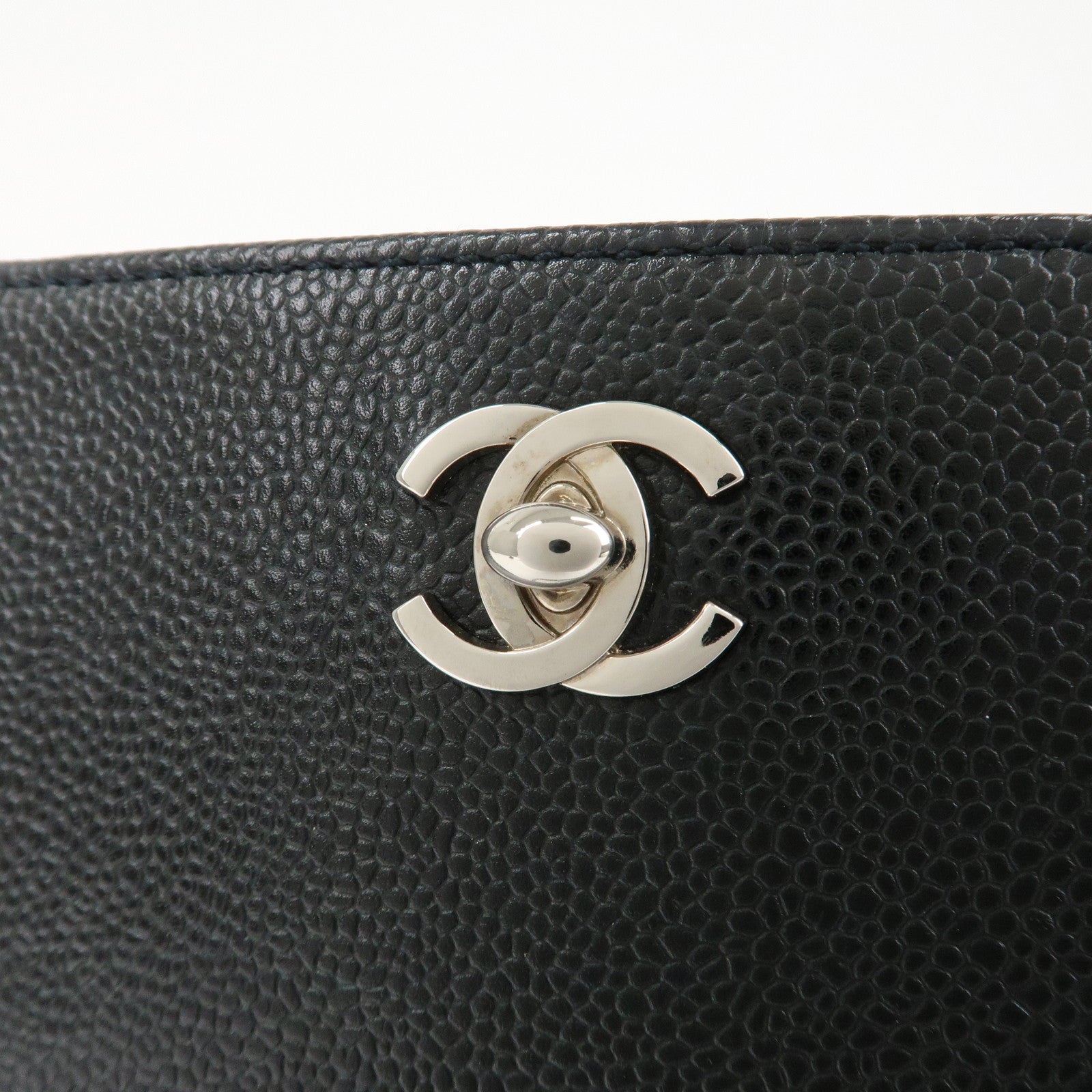 CHANEL Caviar Skin Chain Tote Bag Black Silver Hardware Used