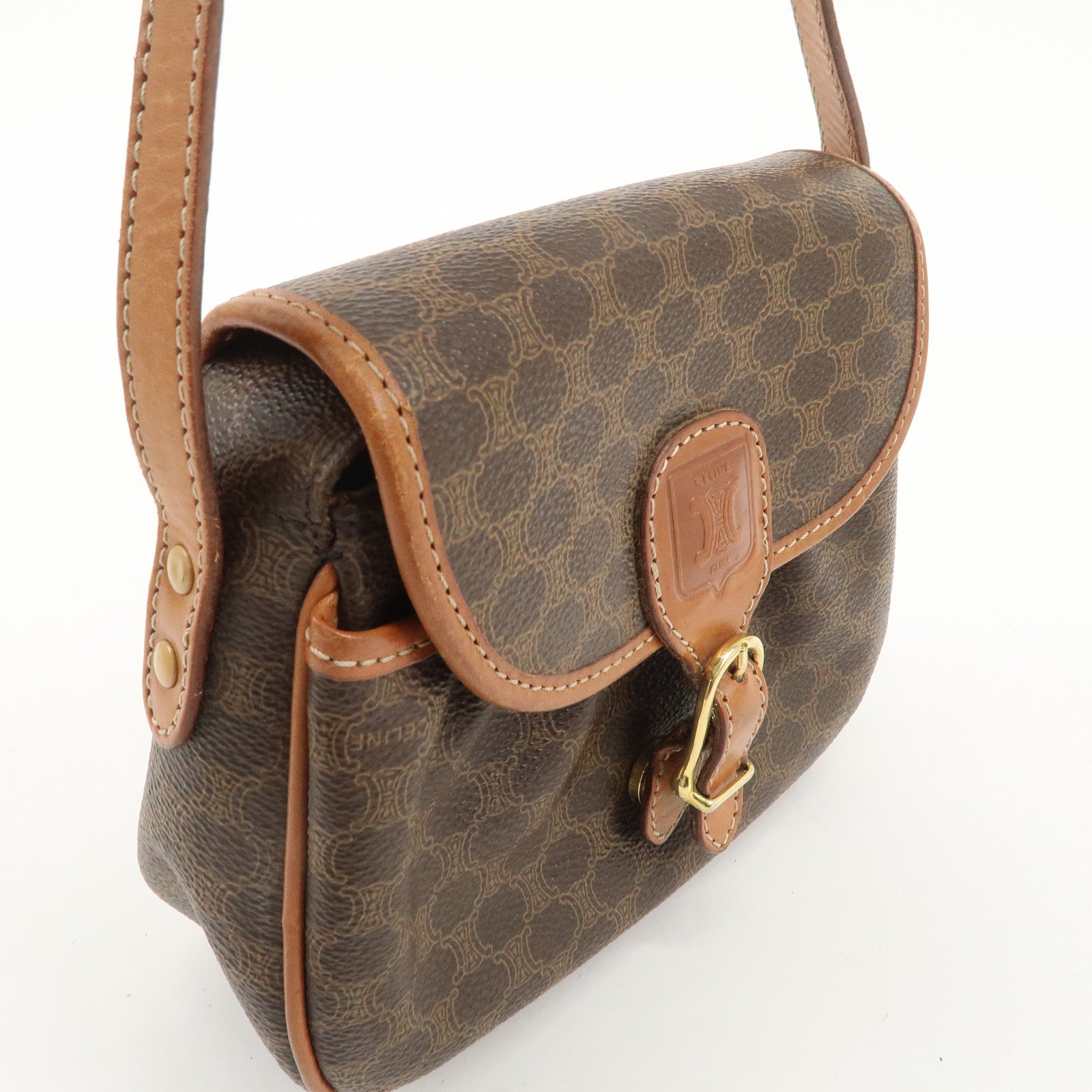 CELINE Macadam PVC Leather Shoulder Bag Brown Used