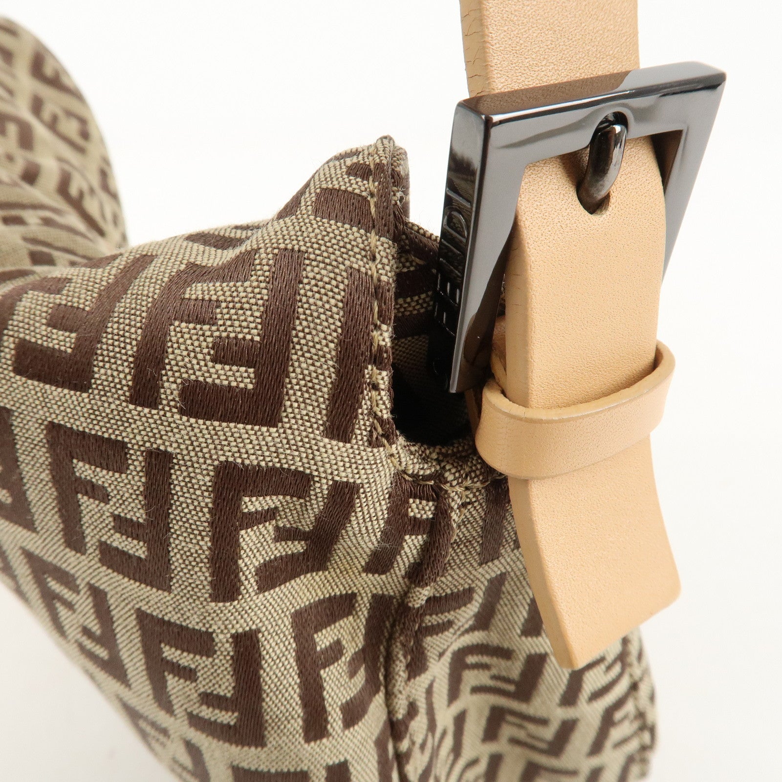 FENDI Zucchino Canvas Leather Shoulder Bag Beige 8BR003 Used