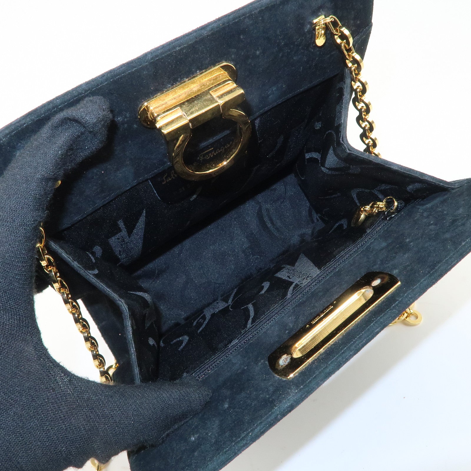 Salvatore Ferragamo Gancini Suede Chain Shoulder Black Bag Used