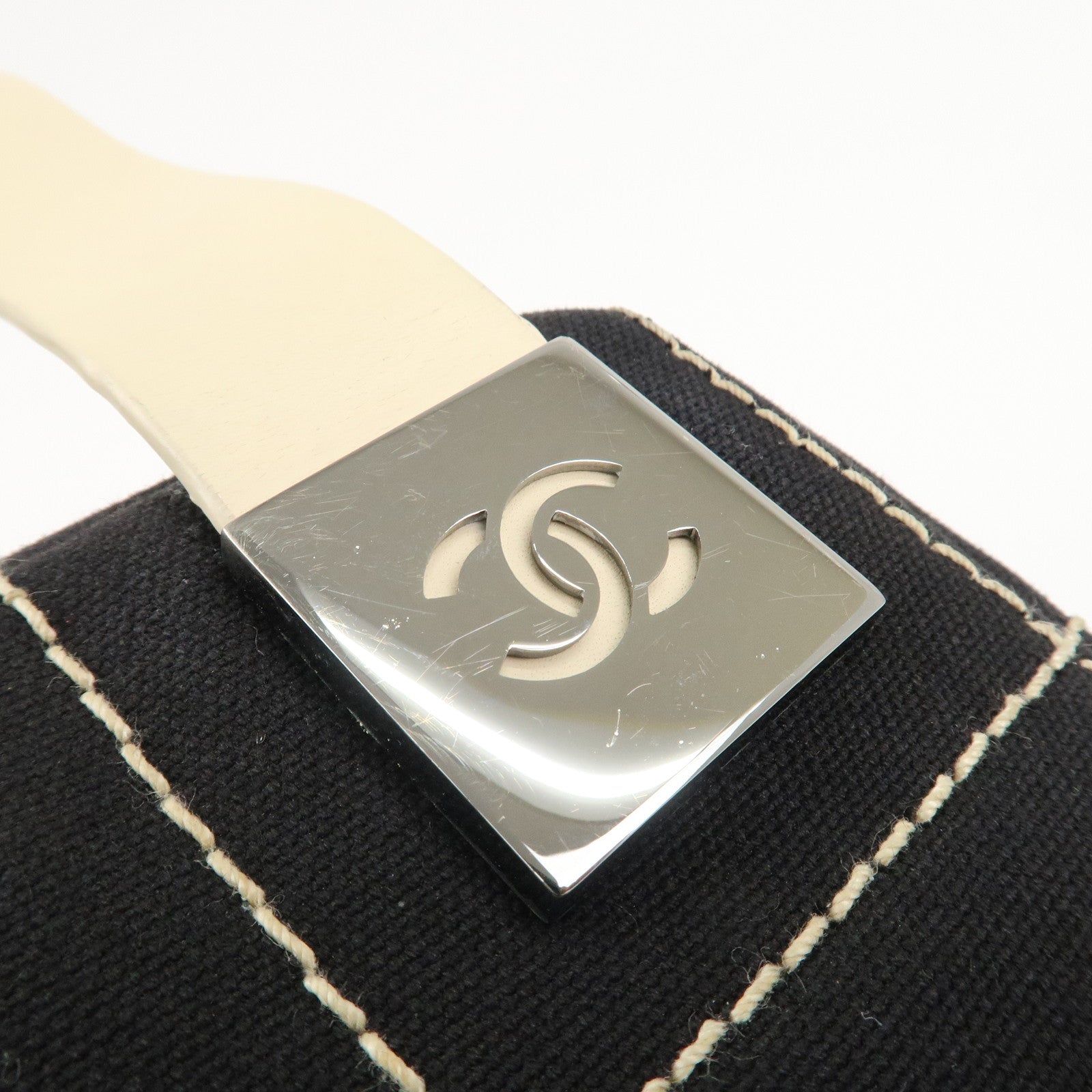 CHANEL Chocolate Bar Stitch Canvas Leather Mini Boston Bag Black Used