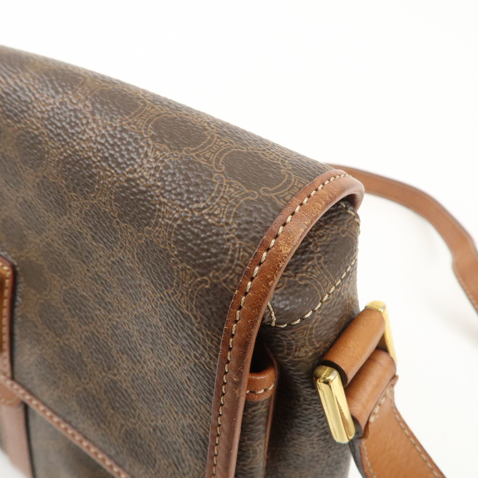 CELINE Macadam PVC Leather Shoulder Bag Brown Gold Hardware Used
