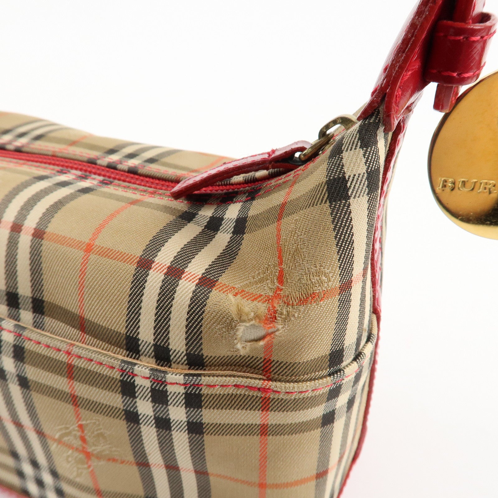 BURBERRY Nova Plaid Canvas Leather Shoulder Bag Hand Bag Red Used