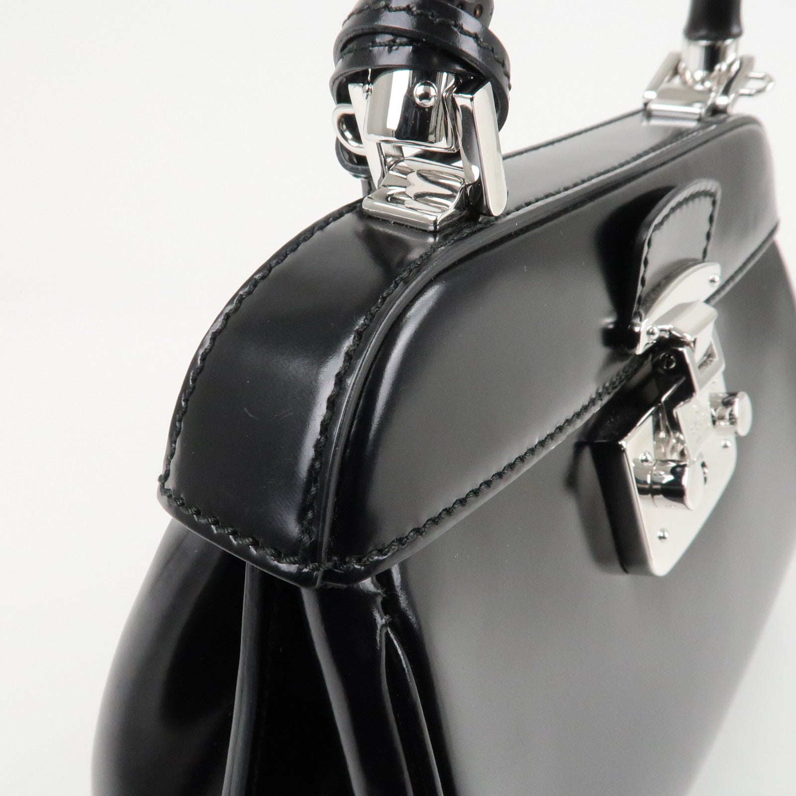 GUCCI Bamboo Leather 2Way Bag Hand Bag Black Handbag 353522 Used