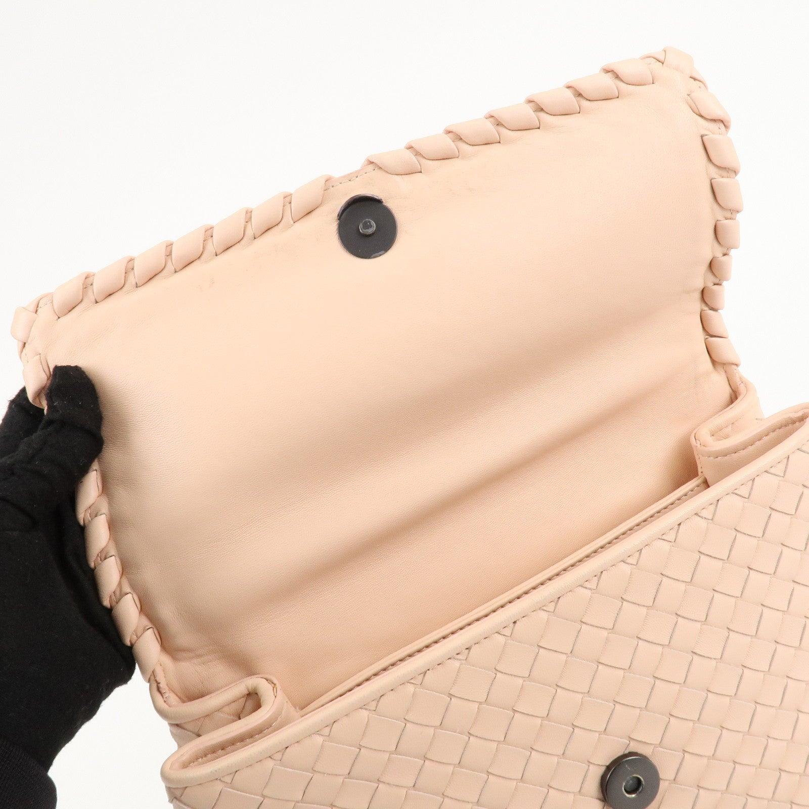 BOTTEGA VENETA Intrecciato Leather Chain Shoulder Bag Pink Beige Used