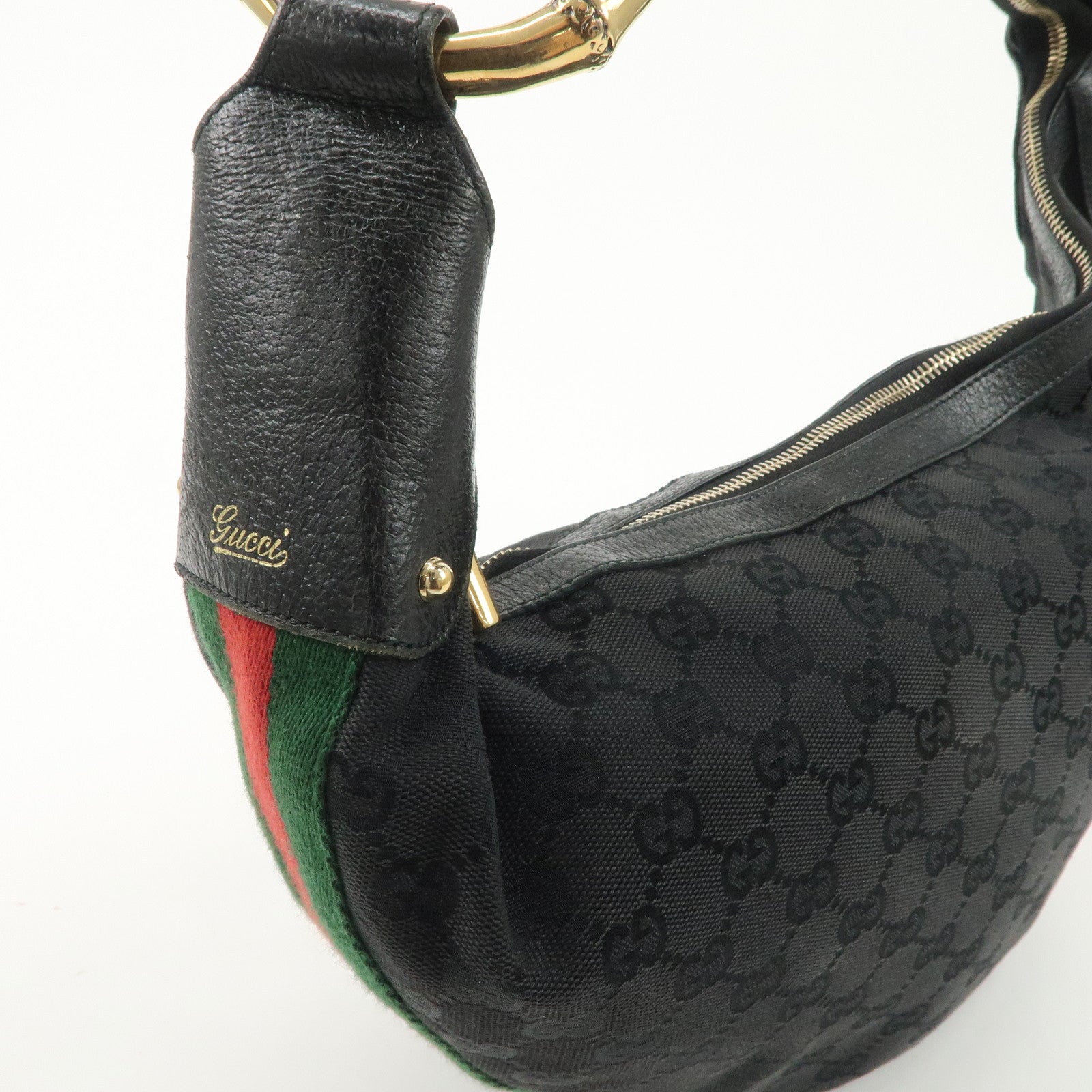 GUCCI Bamboo Sherry GG Canvas Leather Shoulder Bag Black 131036 Used