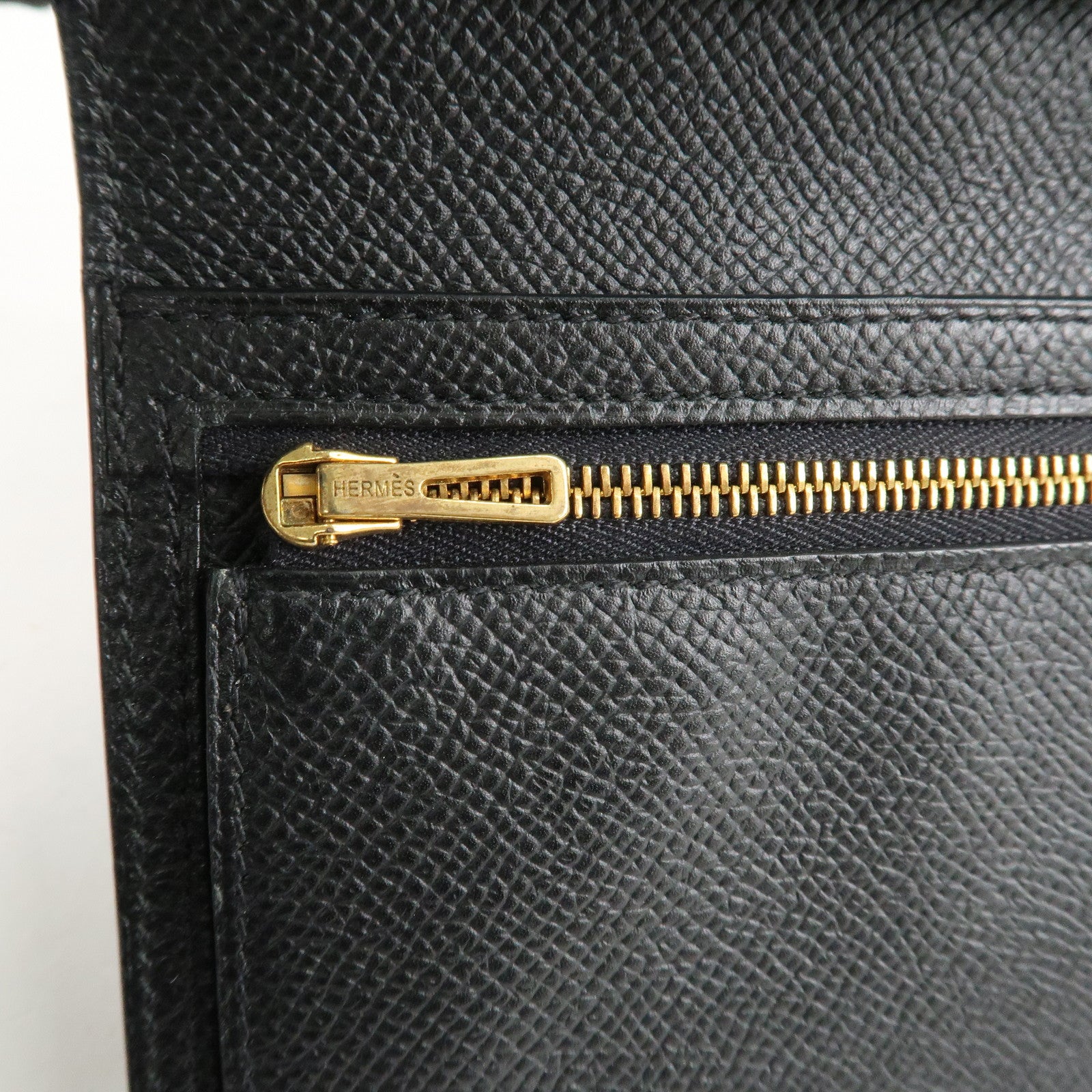 HERMES Leather Bearn Long Wallet M Stamped (around 2009) Black Used