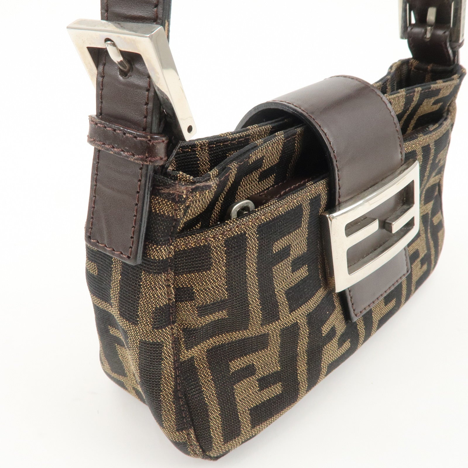 FENDI Zucca Canvas Leather Hand Bag Brown Black Used